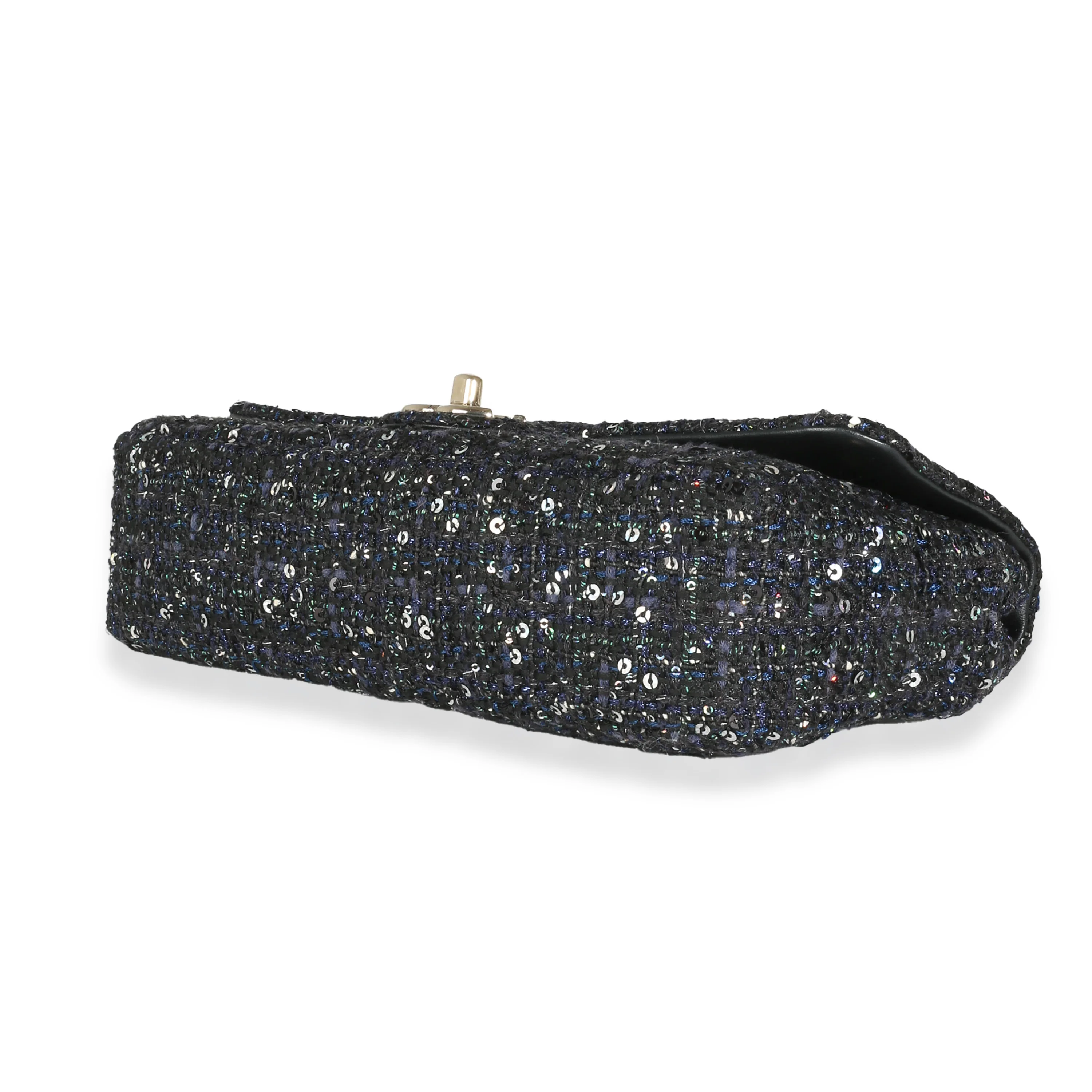 Navy Tweed Sequin Medium Pearl Handle Flap Bag - Image 6
