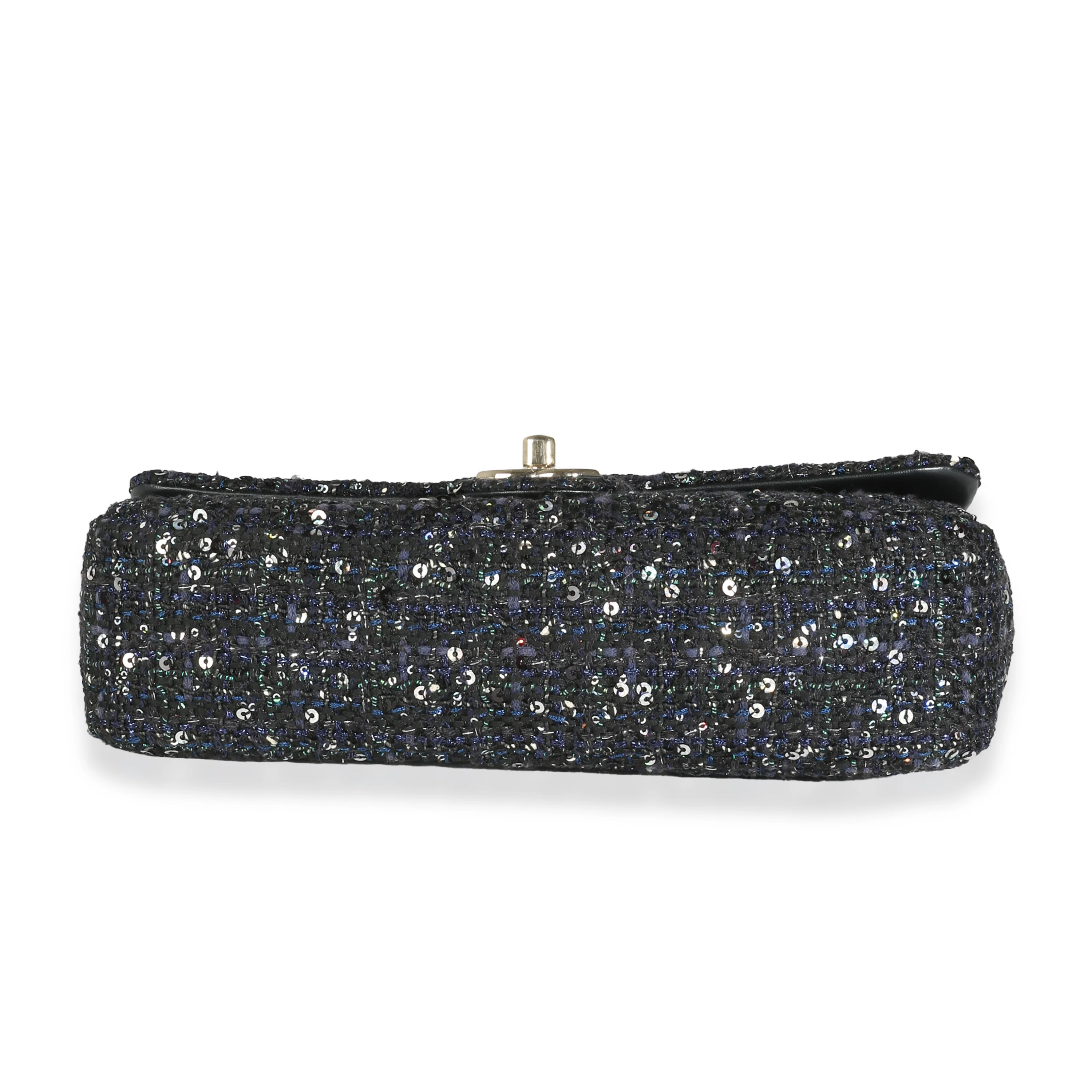 Navy Tweed Sequin Medium Pearl Handle Flap Bag - Image 7