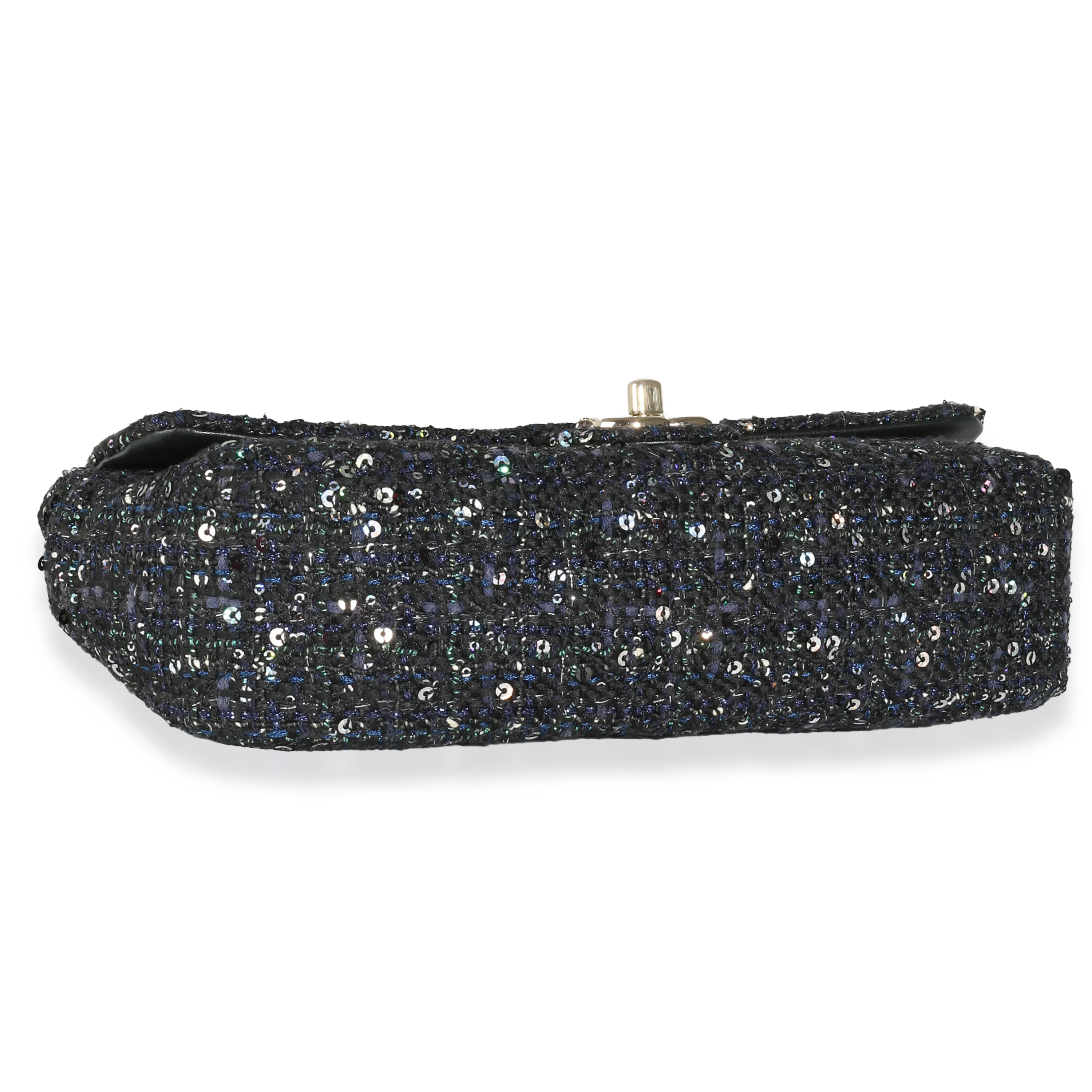 Navy Tweed Sequin Medium Pearl Handle Flap Bag - Image 8