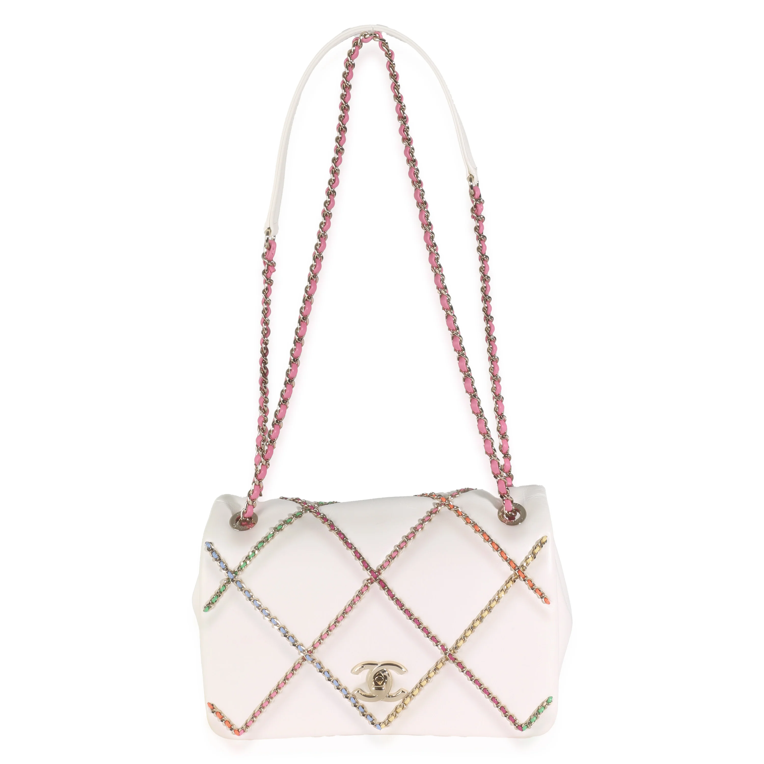 White Lambskin Multicolor Chain Intertwined Small Flap Bag - Image 7