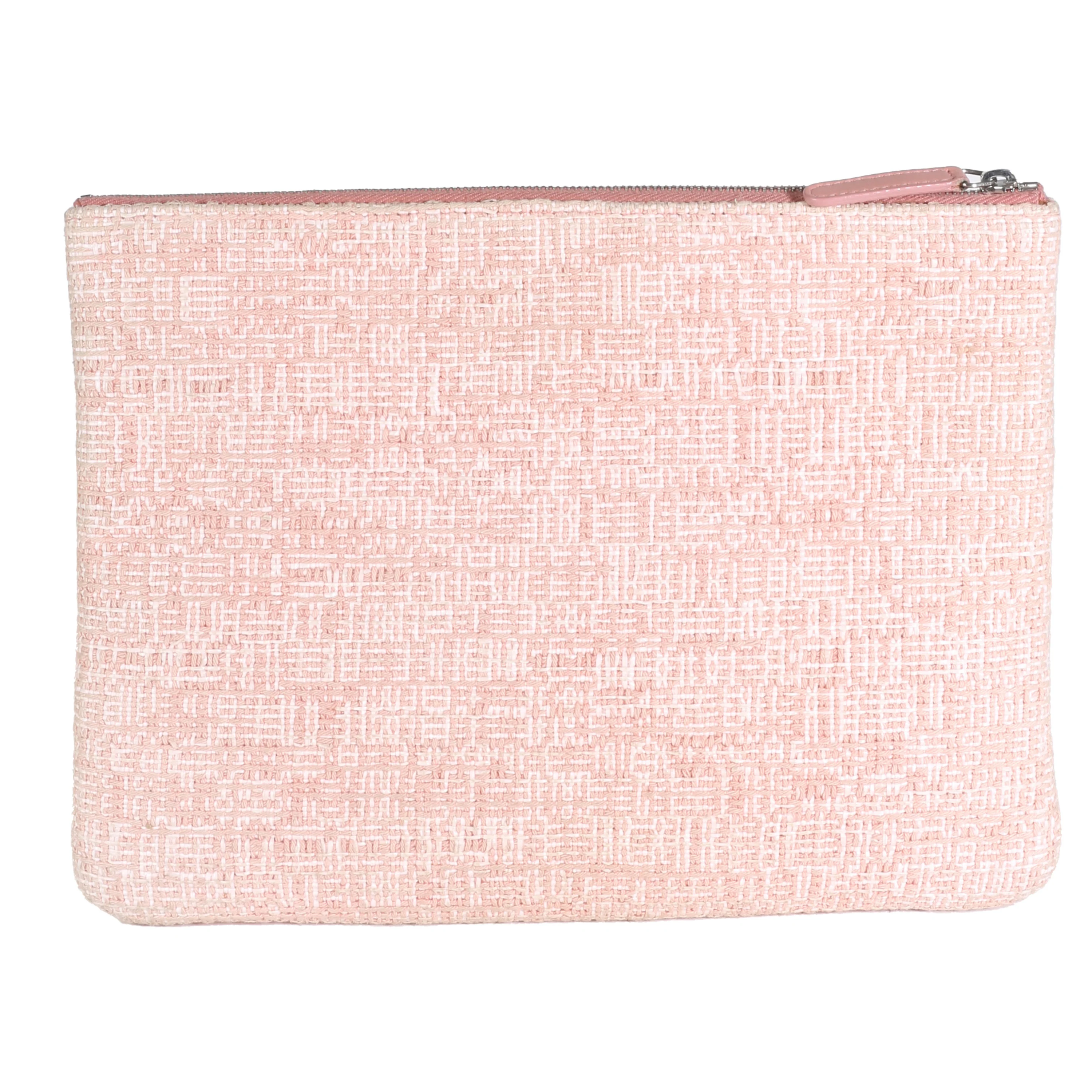 Pink Woven Straw Raffia Tweed Deauville Pouch - Image 4