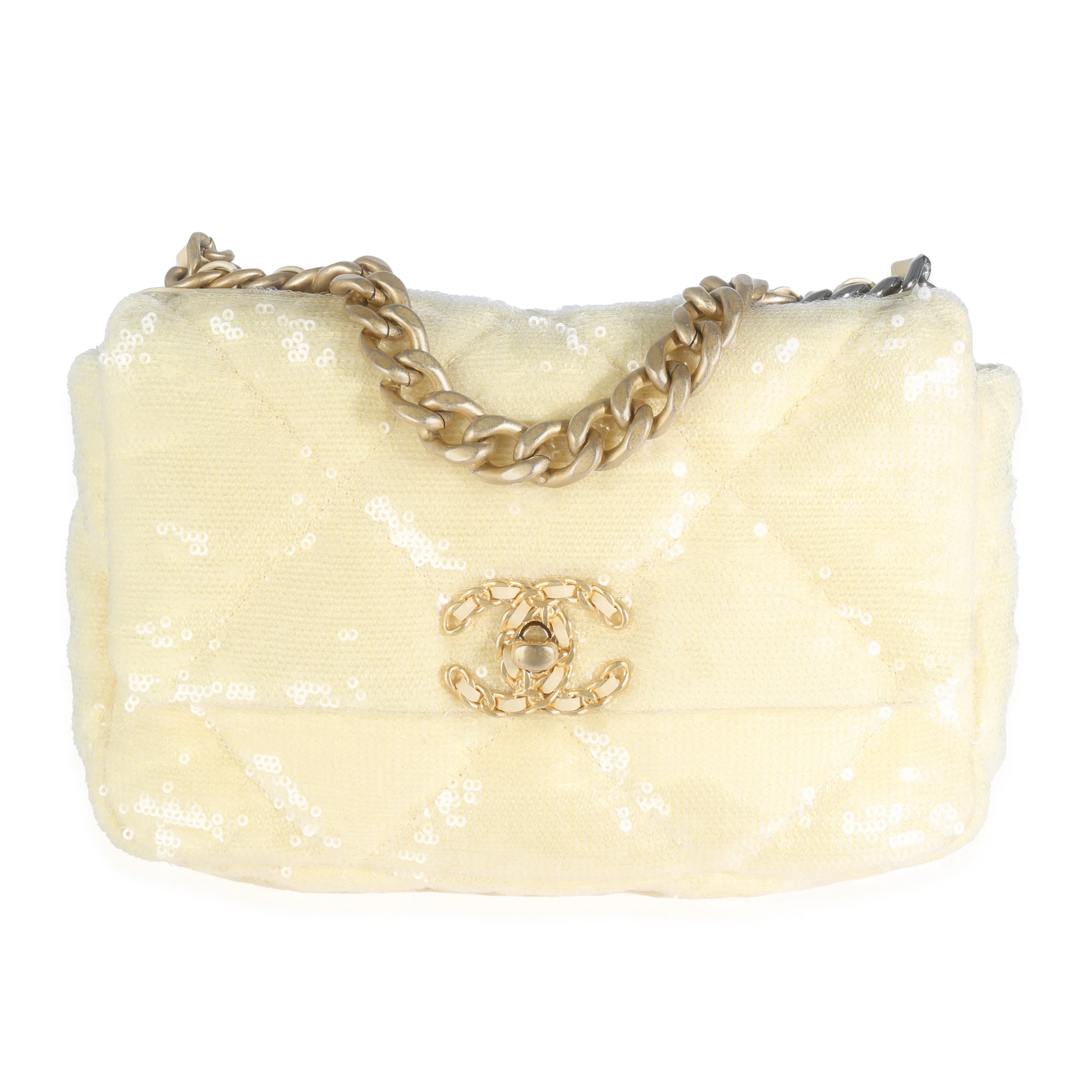 Light Yellow Quilted Sequin Small Chanel 19 Flap Bag