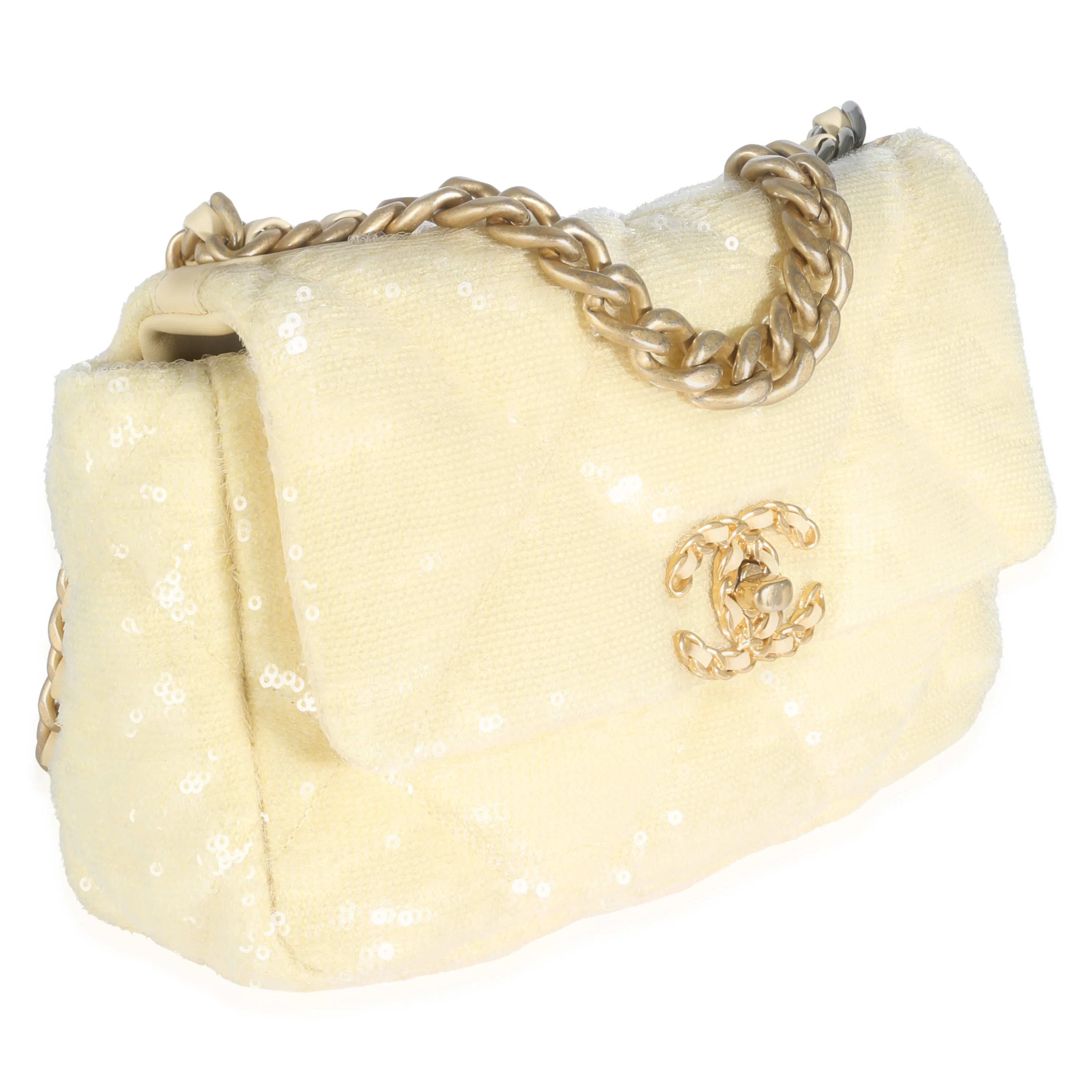 Light Yellow Quilted Sequin Small Chanel 19 Flap Bag - Image 3