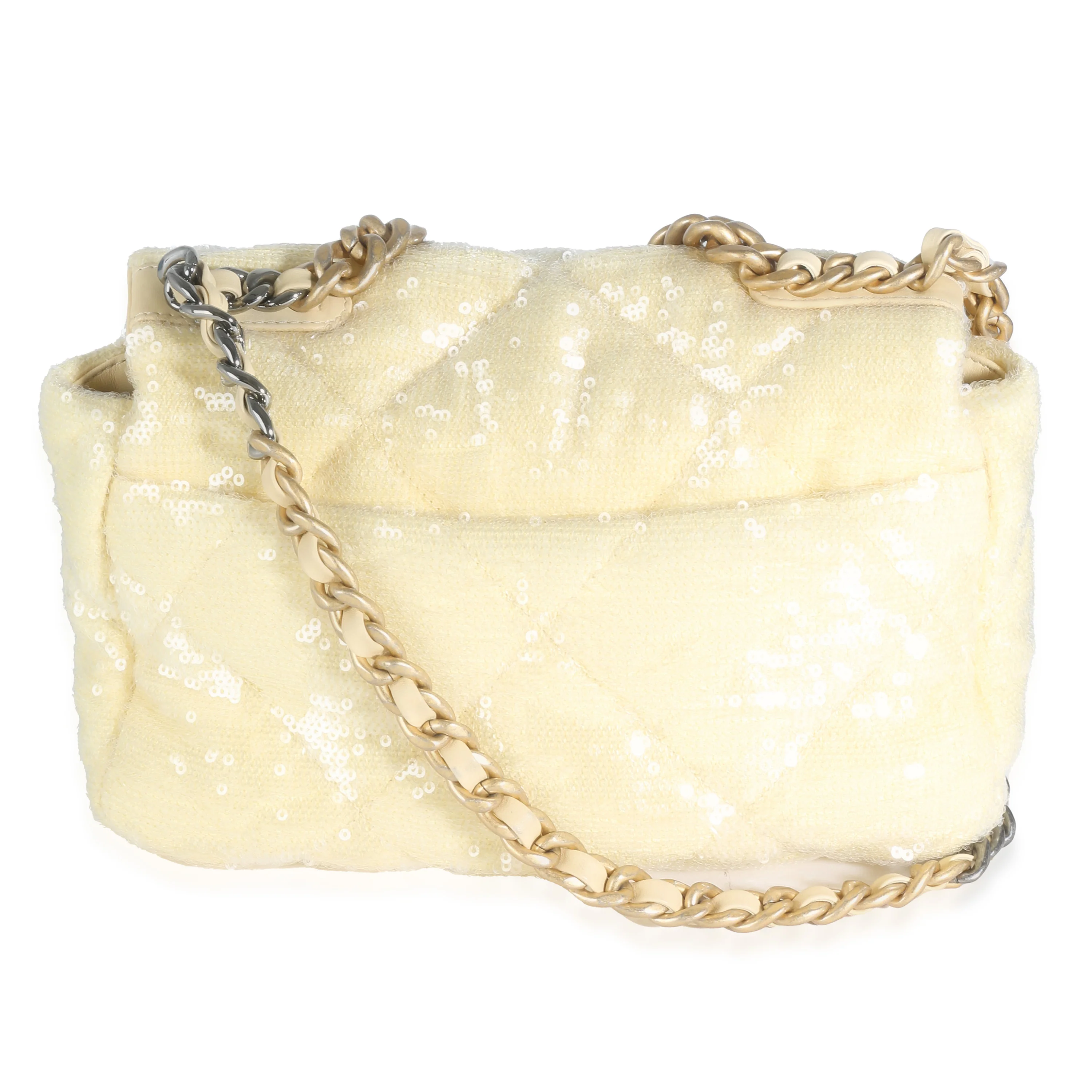 Light Yellow Quilted Sequin Small Chanel 19 Flap Bag - Image 4