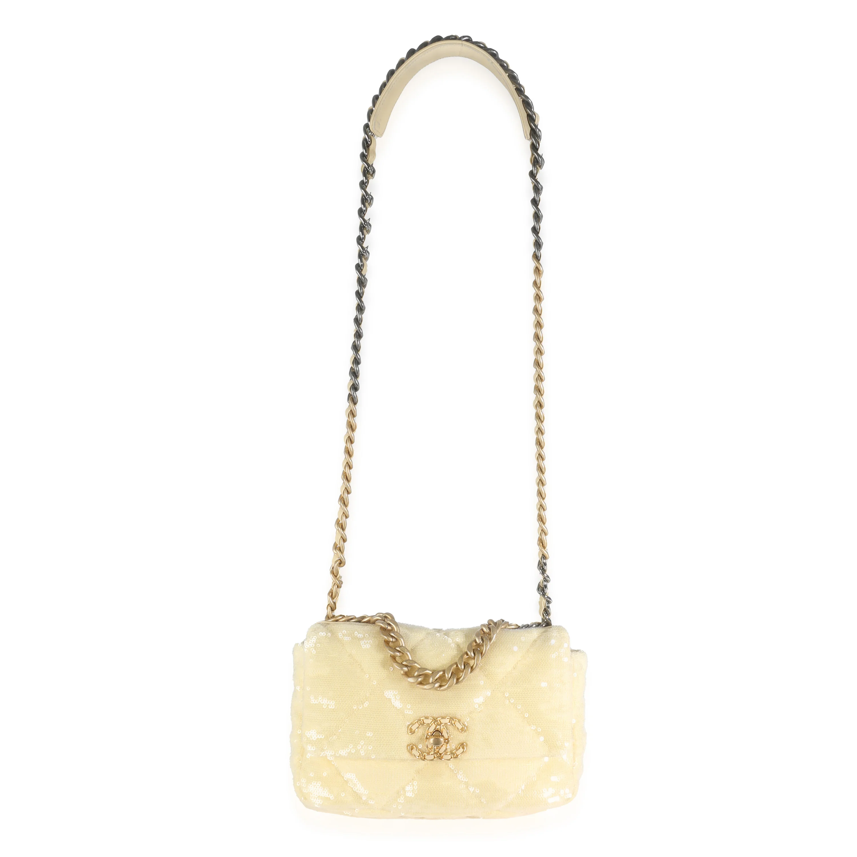 Light Yellow Quilted Sequin Small Chanel 19 Flap Bag - Image 6
