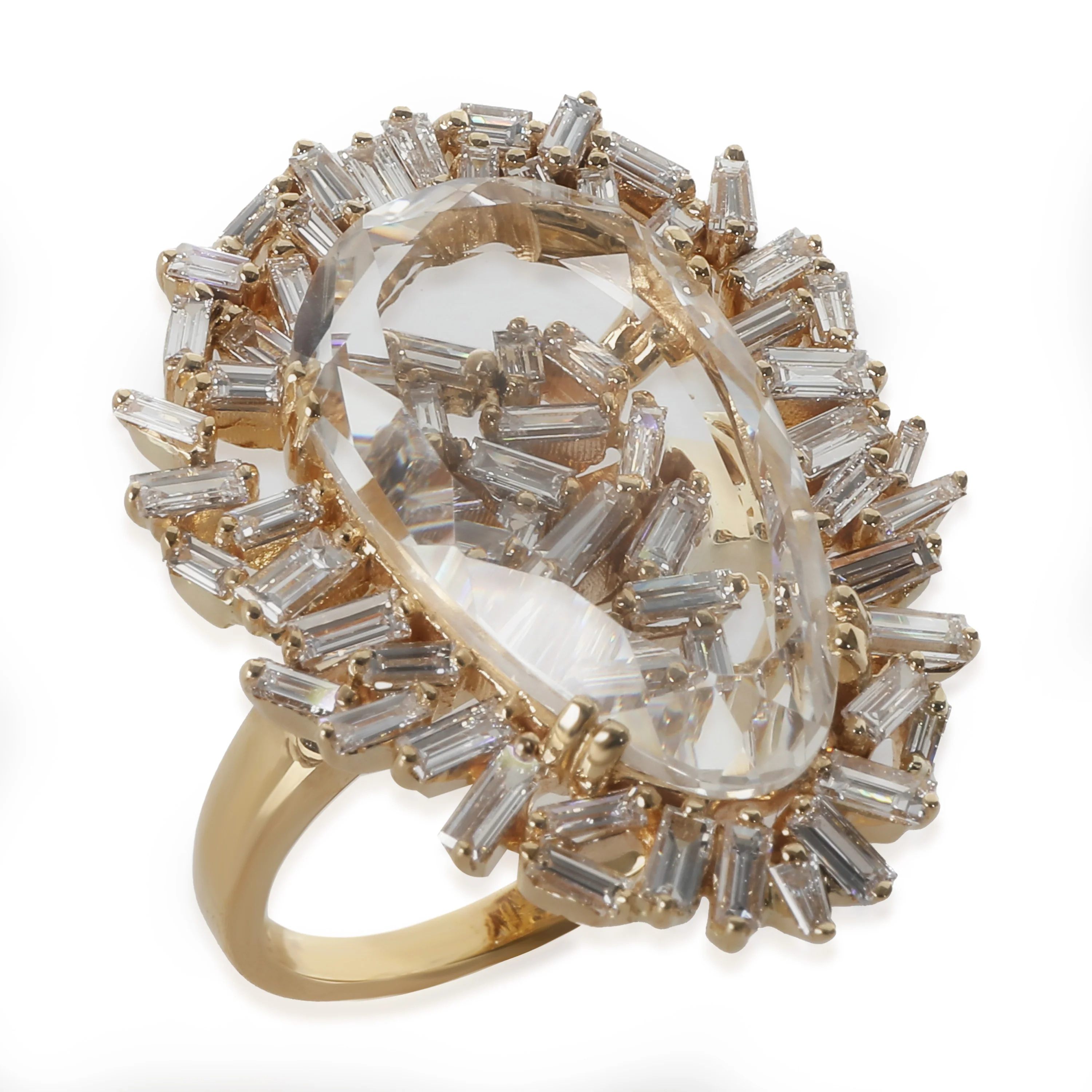 One Of A Kind Baguette Diamond & Crystal Ring in 18K Yellow Gold - Image 3