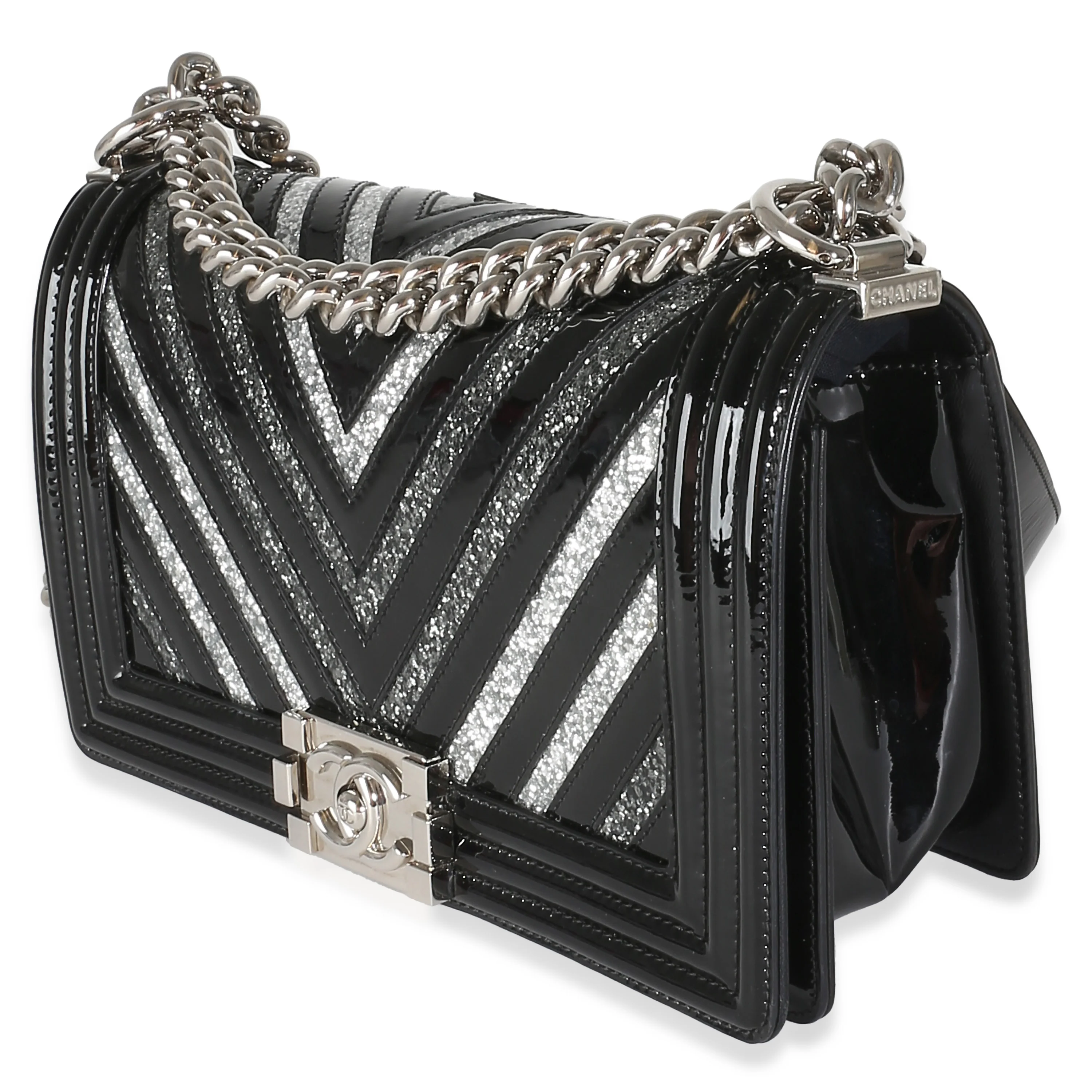 Black Patent Chevron Glitter PVC Old Medium Boy Bag - Image 2