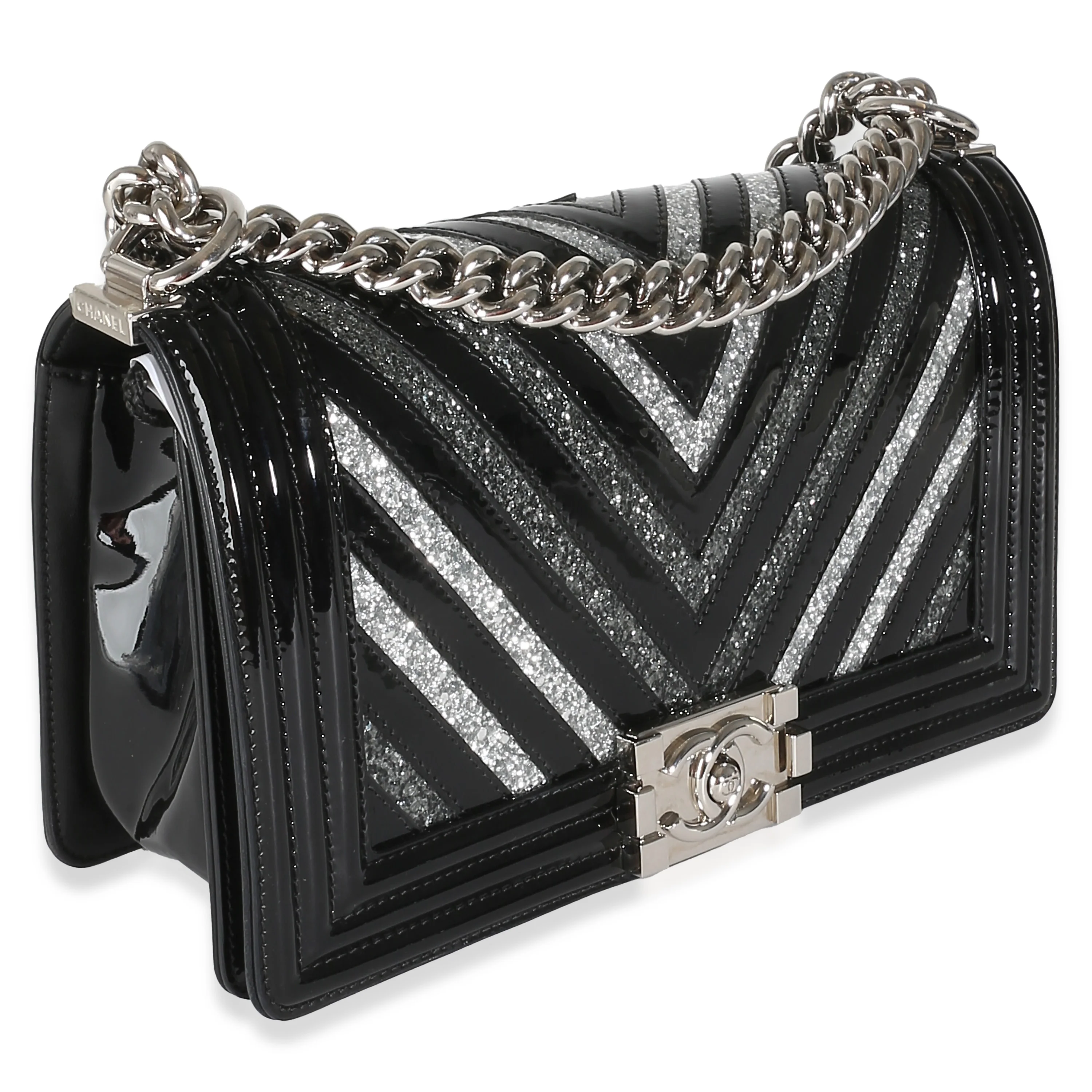 Black Patent Chevron Glitter PVC Old Medium Boy Bag - Image 3