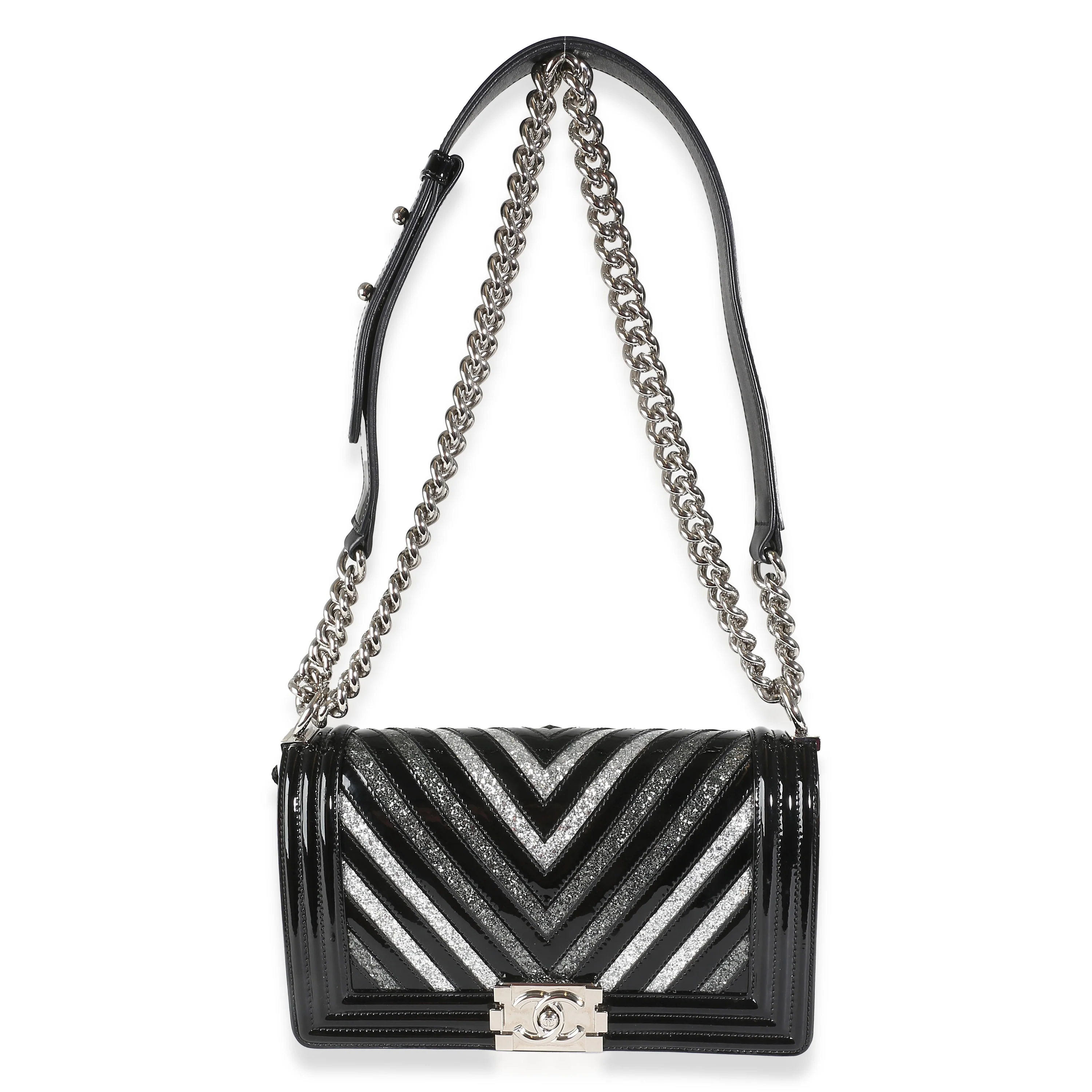 Black Patent Chevron Glitter PVC Old Medium Boy Bag - Image 8