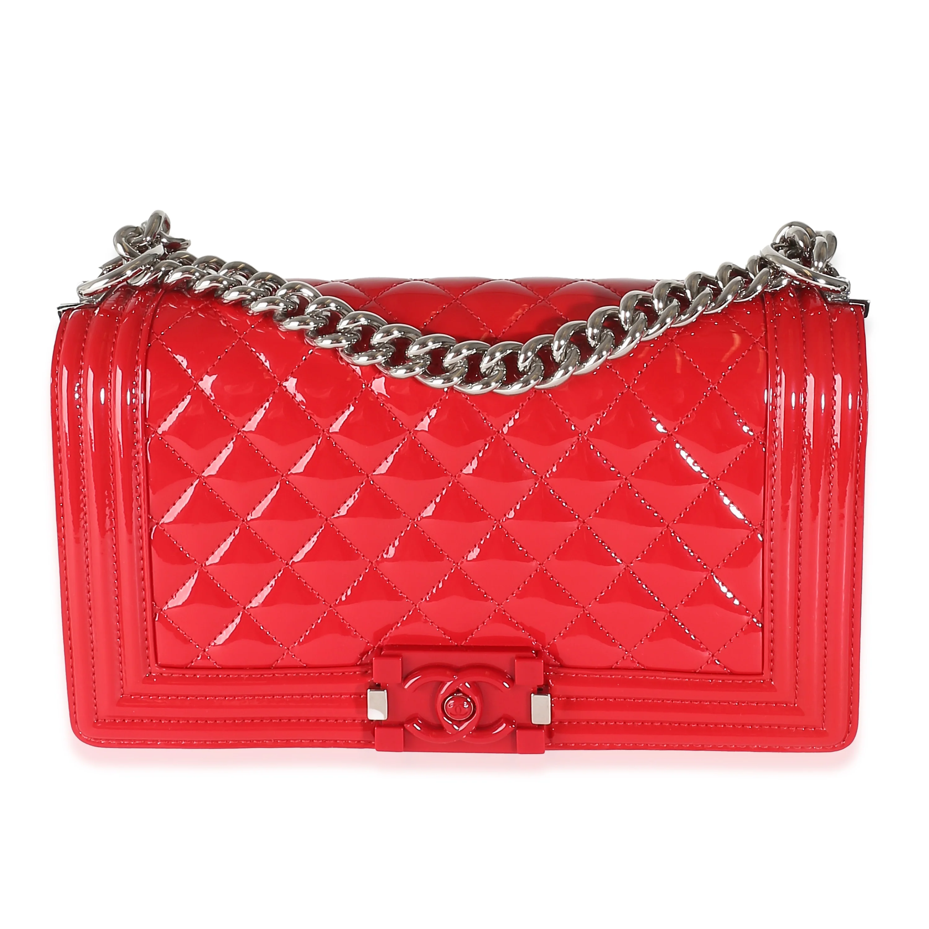 Red Quilted Patent Plexi Glass Old Medium Boy Bag