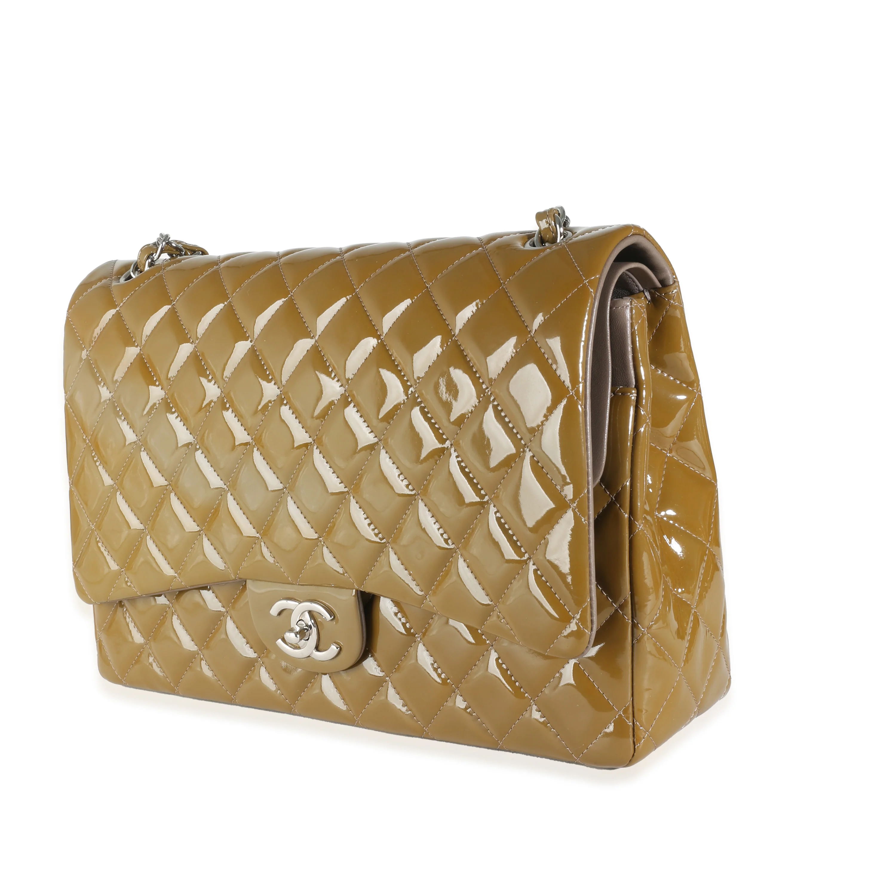 Khaki Quilted Patent Maxi Double Flap Bag - Image 2