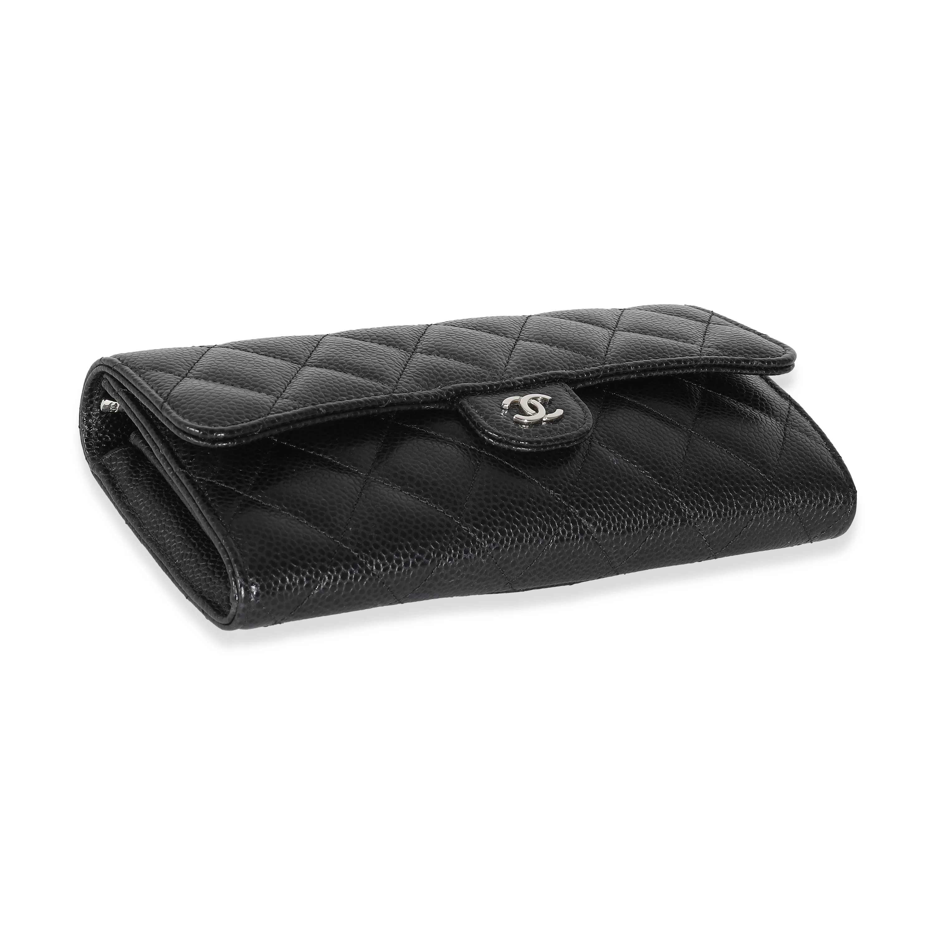 Black Quilted Caviar Classic Long Flap Wallet - Image 6