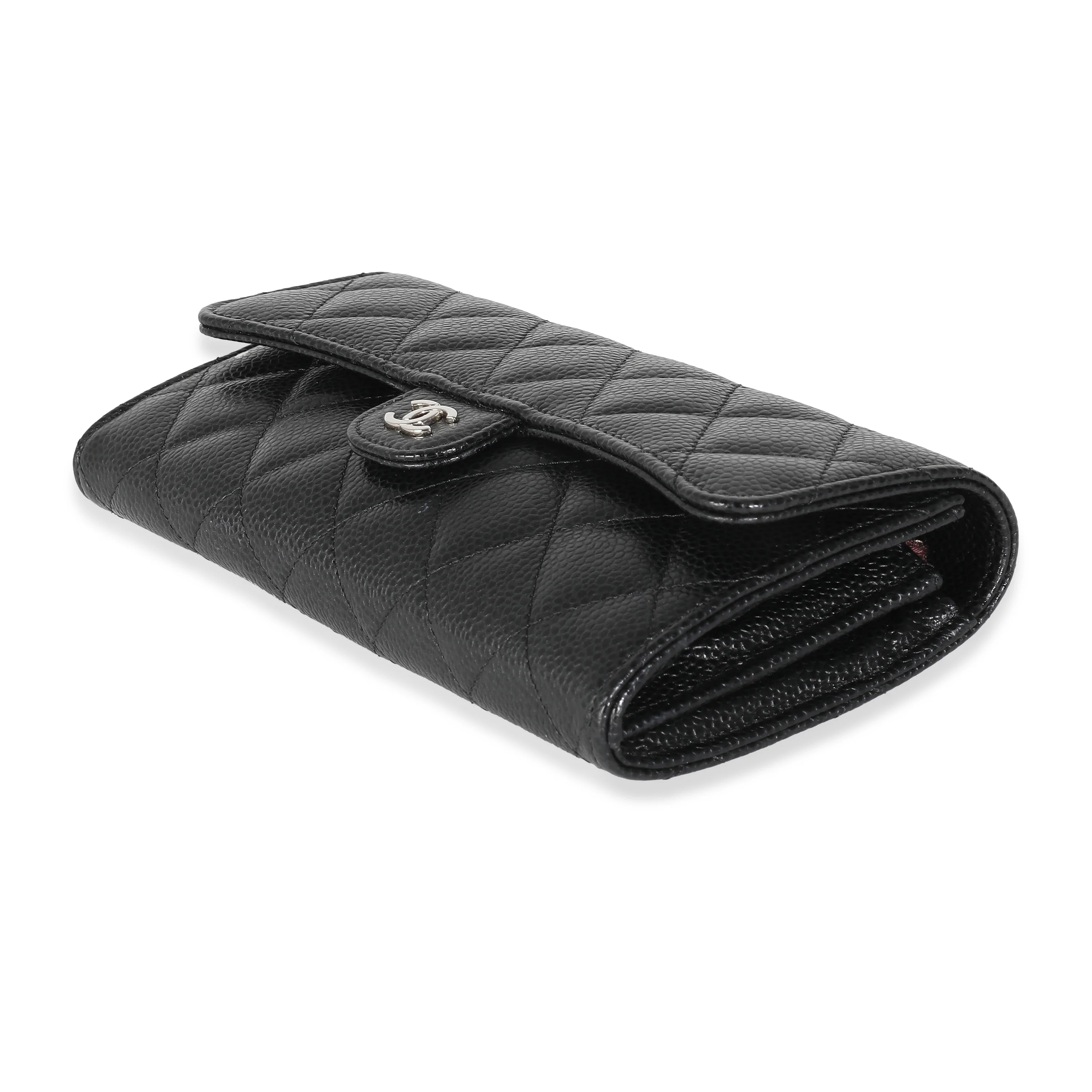 Black Quilted Caviar Classic Long Flap Wallet - Image 7