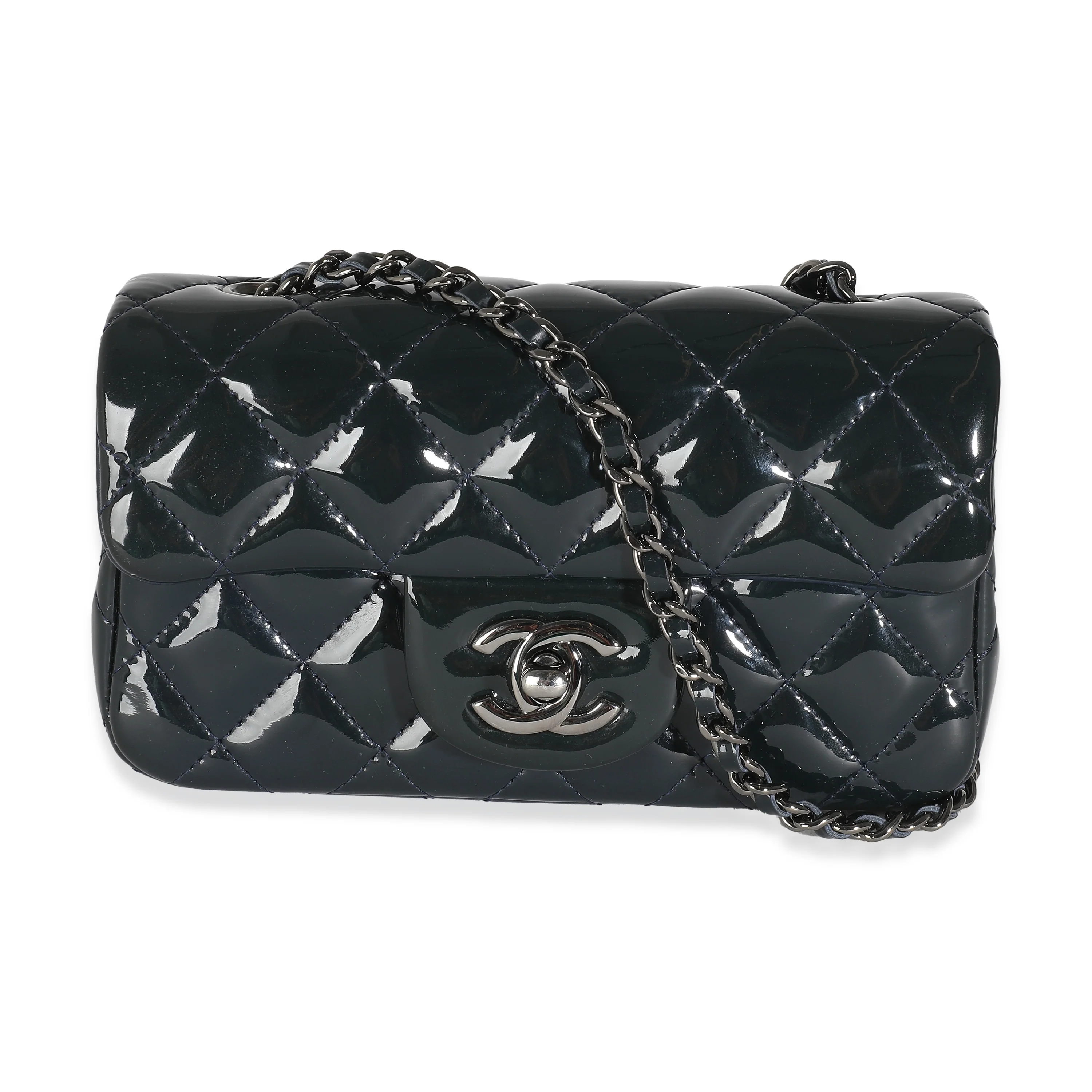 Navy Quilted Patent Extra Mini Rectangular Flap Bag