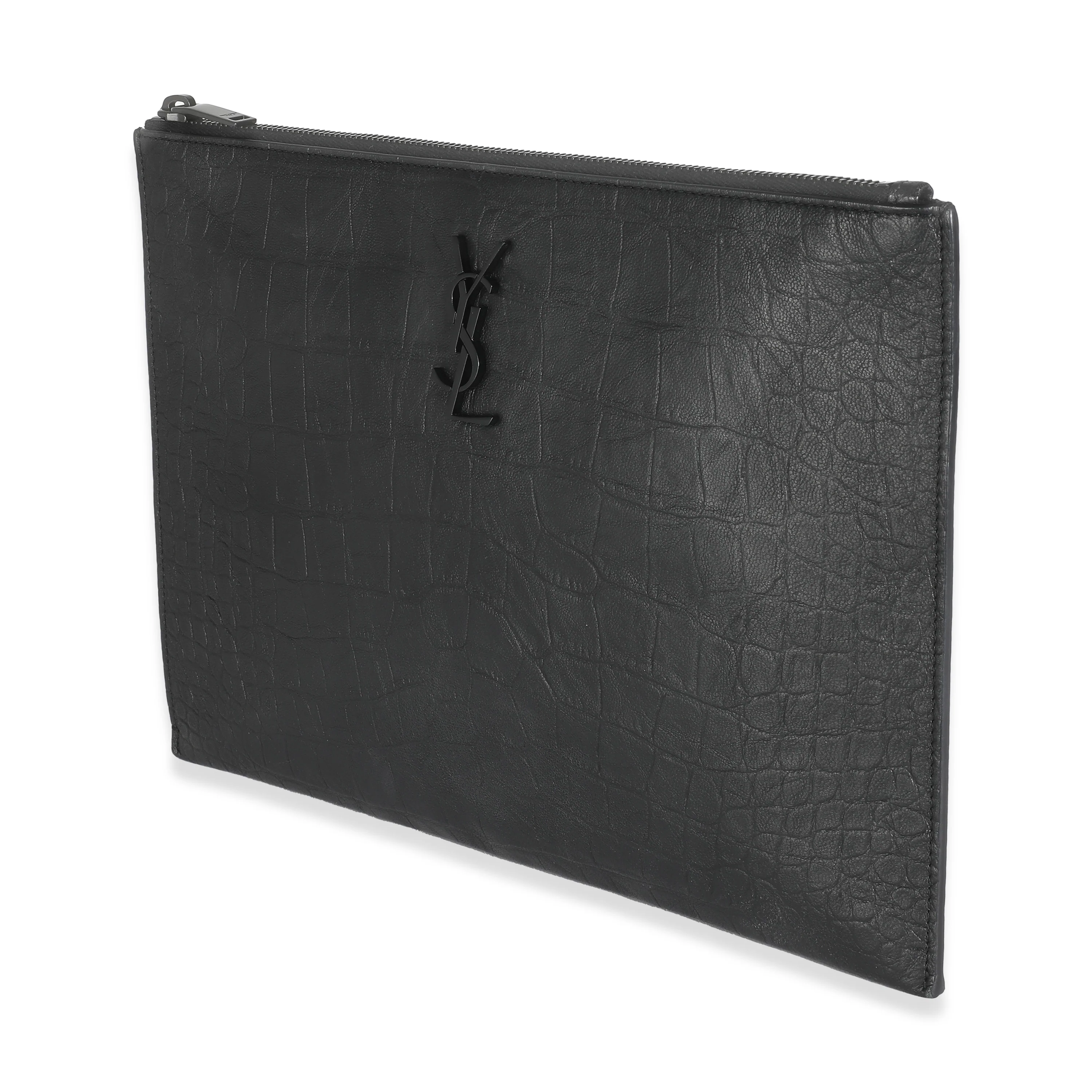 Black Calfskin Crocodile Embossed Cassandre Zipped Tablet Holder - Image 2