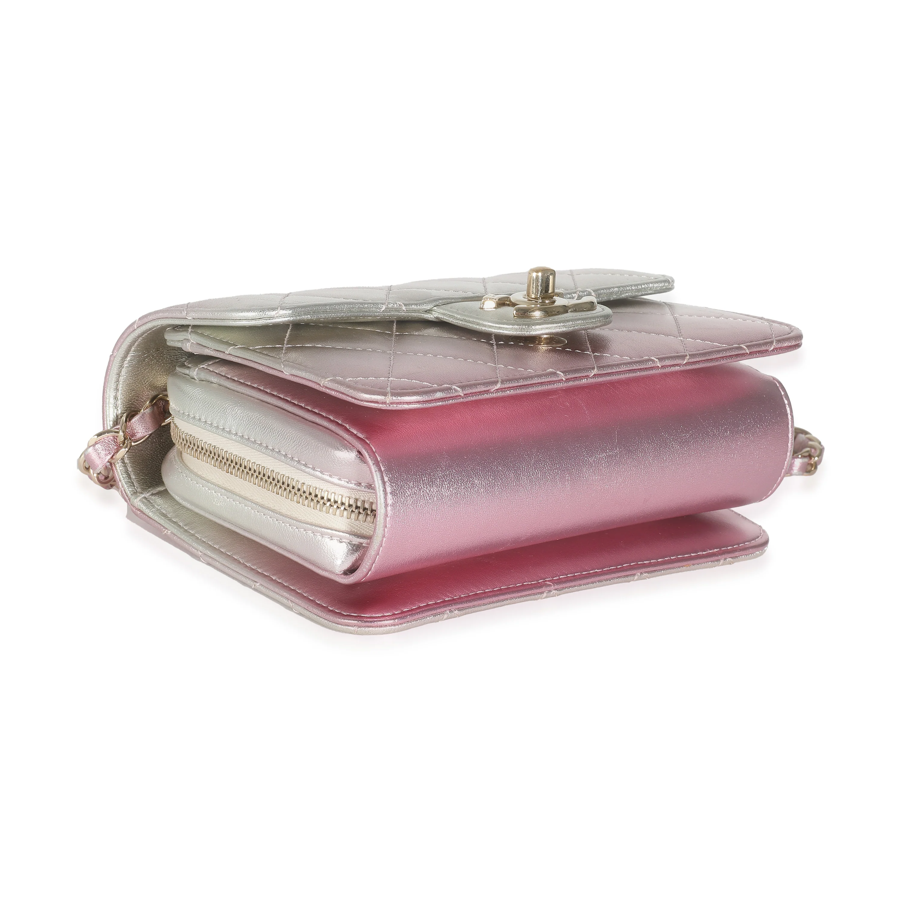 Gold Pink Ombre Metallic Lambskin Like A Wallet Flap Bag - Image 6
