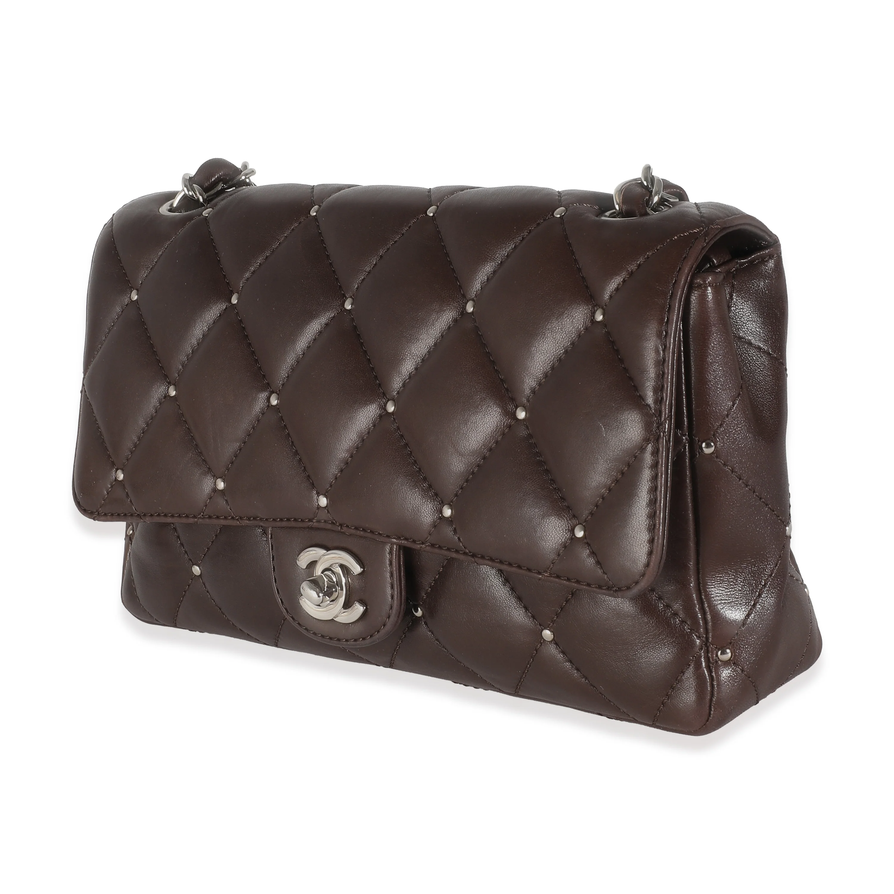 Brown Quilted Studded Lambskin Medium Single Flap Bag - Image 2
