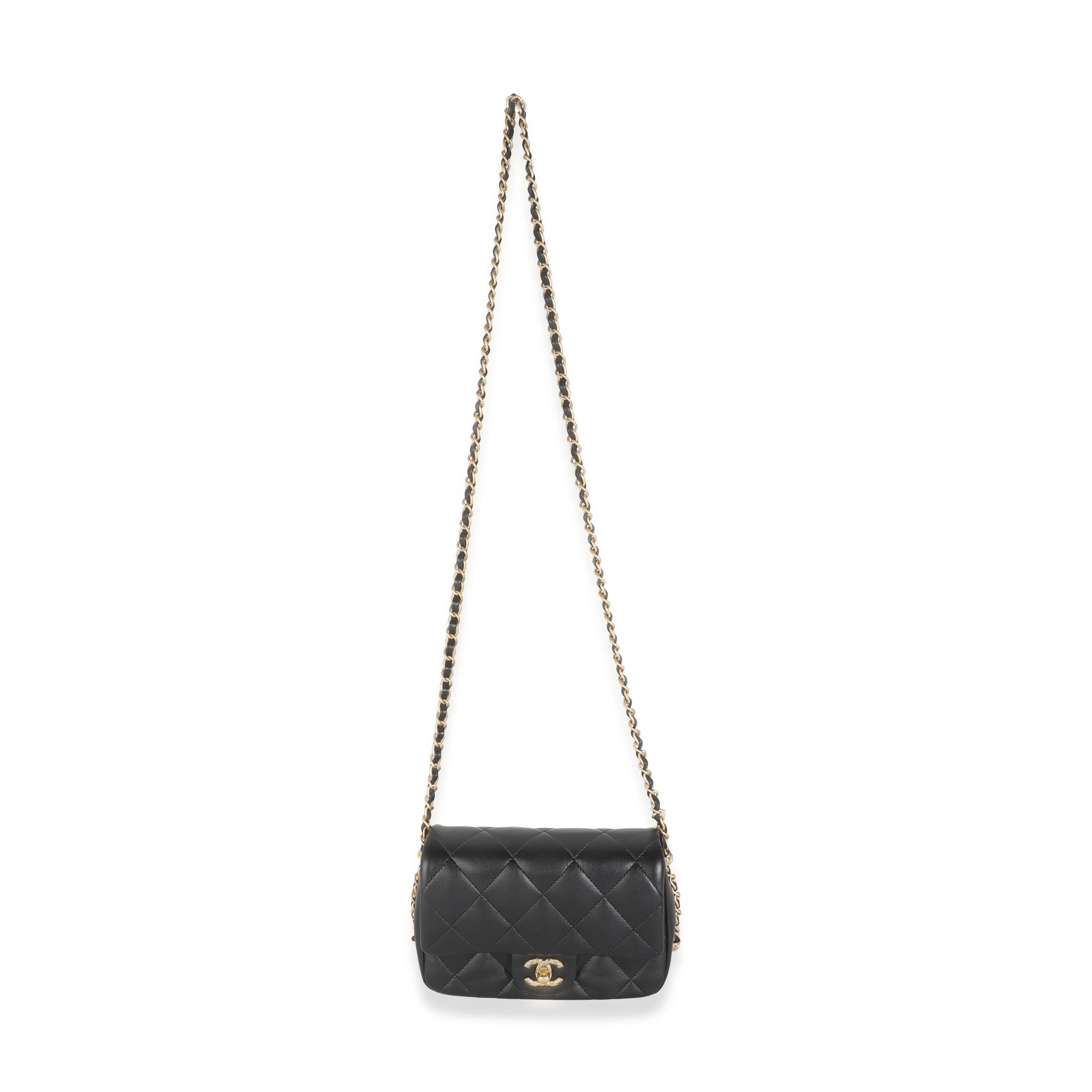 Black Quilted Lambskin Chain Around Mini Square Flap Bag - Image 8