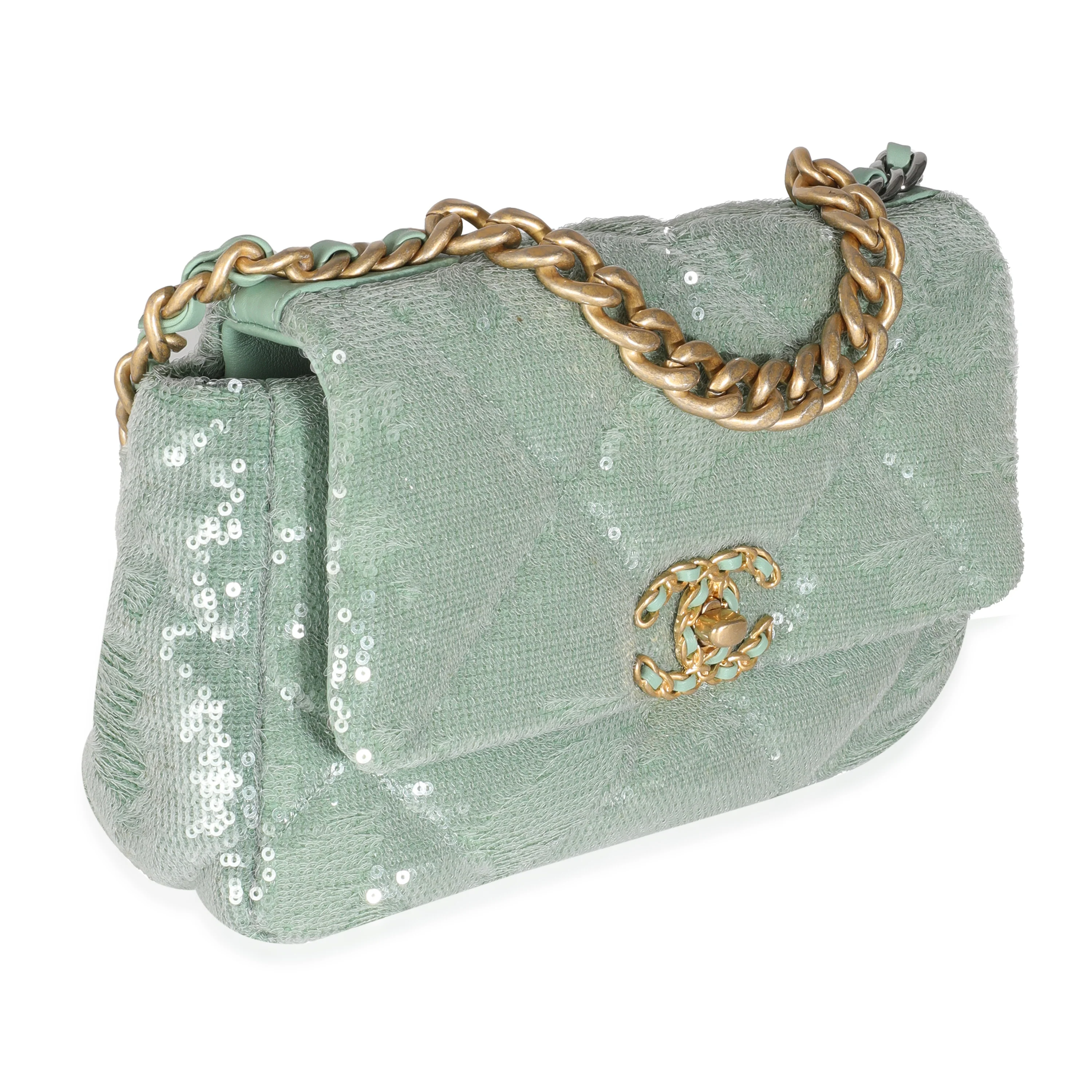 Light Green Sequin Small Chanel 19 Flap Bag - Image 3