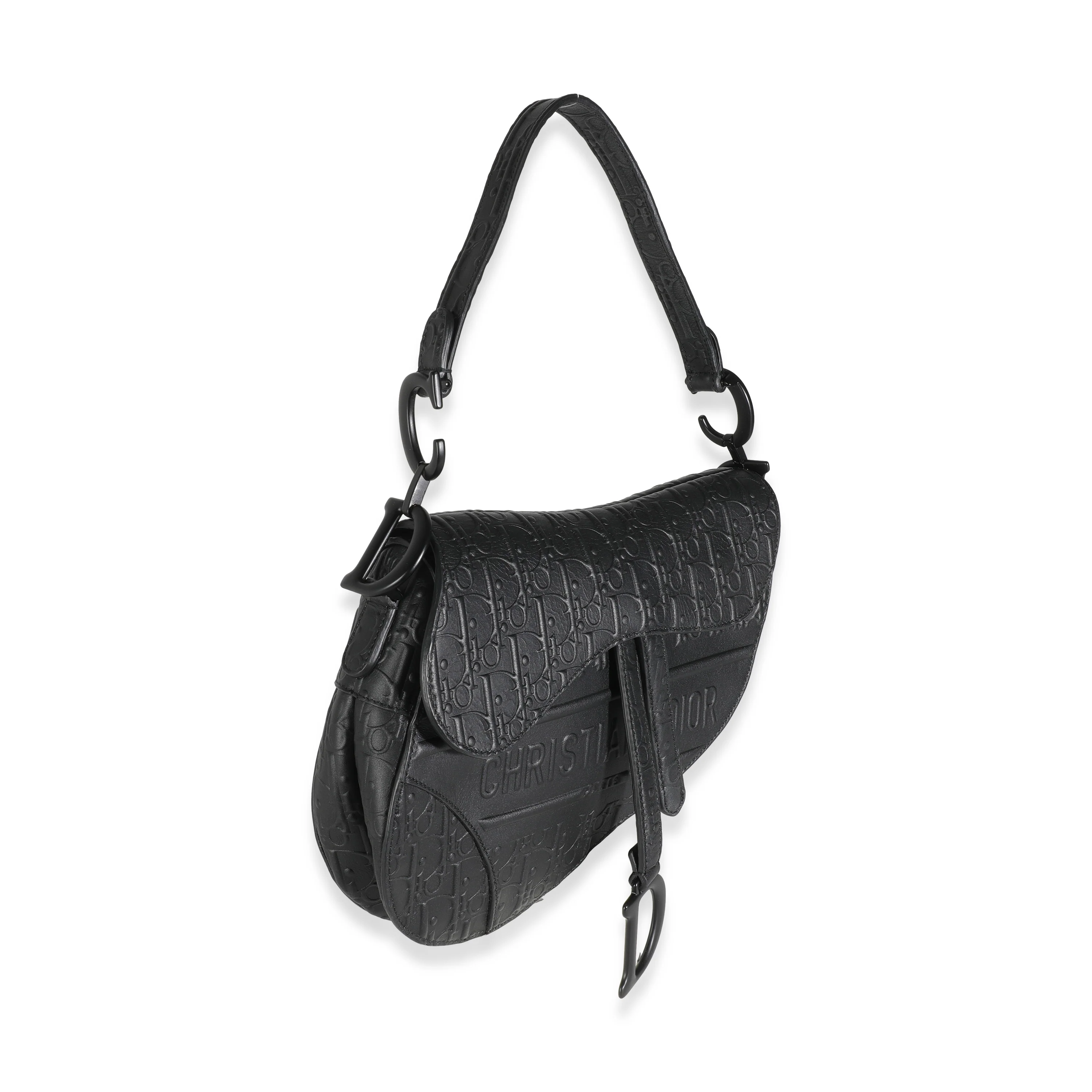 Black Oblique Embossed Calfskin Medium Saddle Bag - Image 3