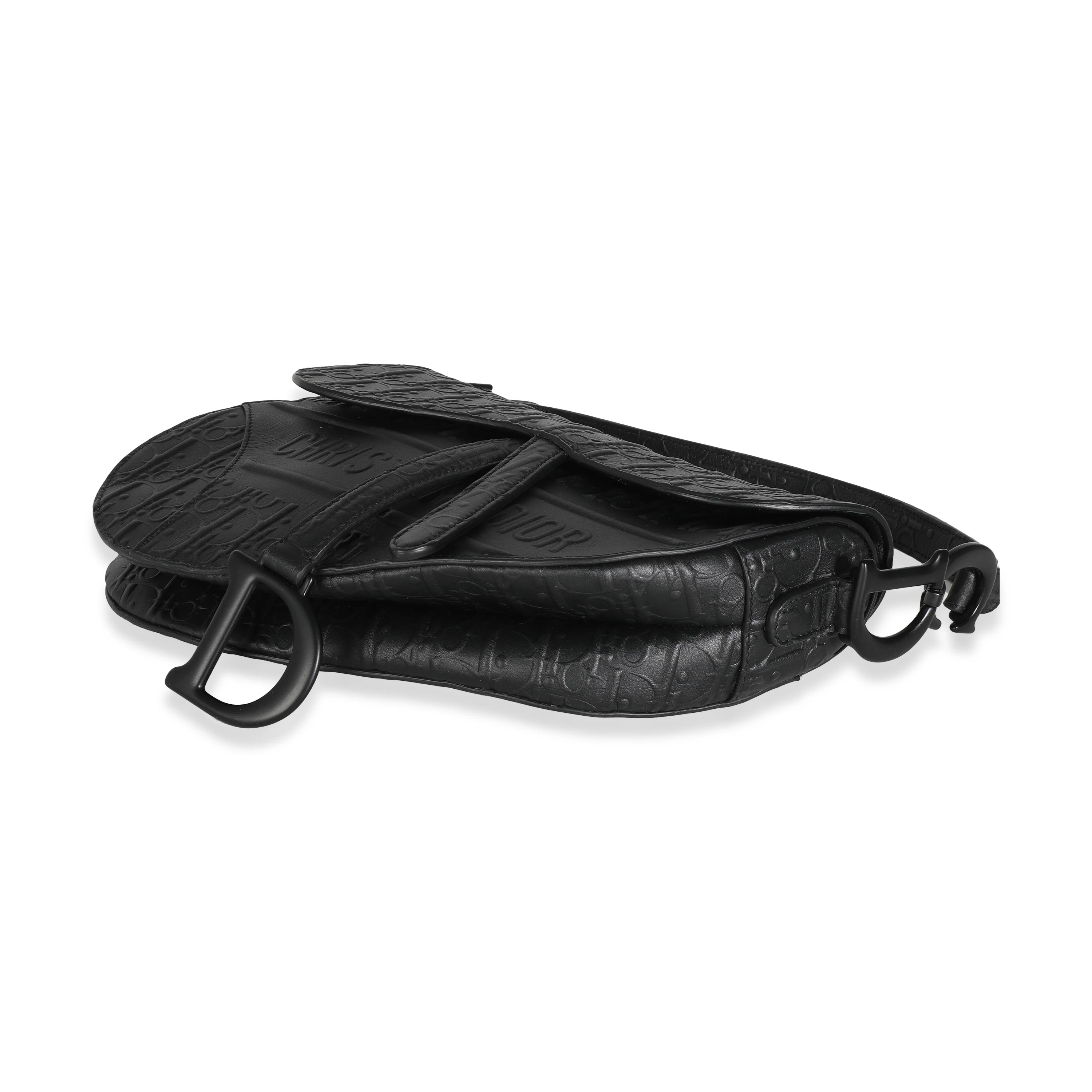 Black Oblique Embossed Calfskin Medium Saddle Bag - Image 7