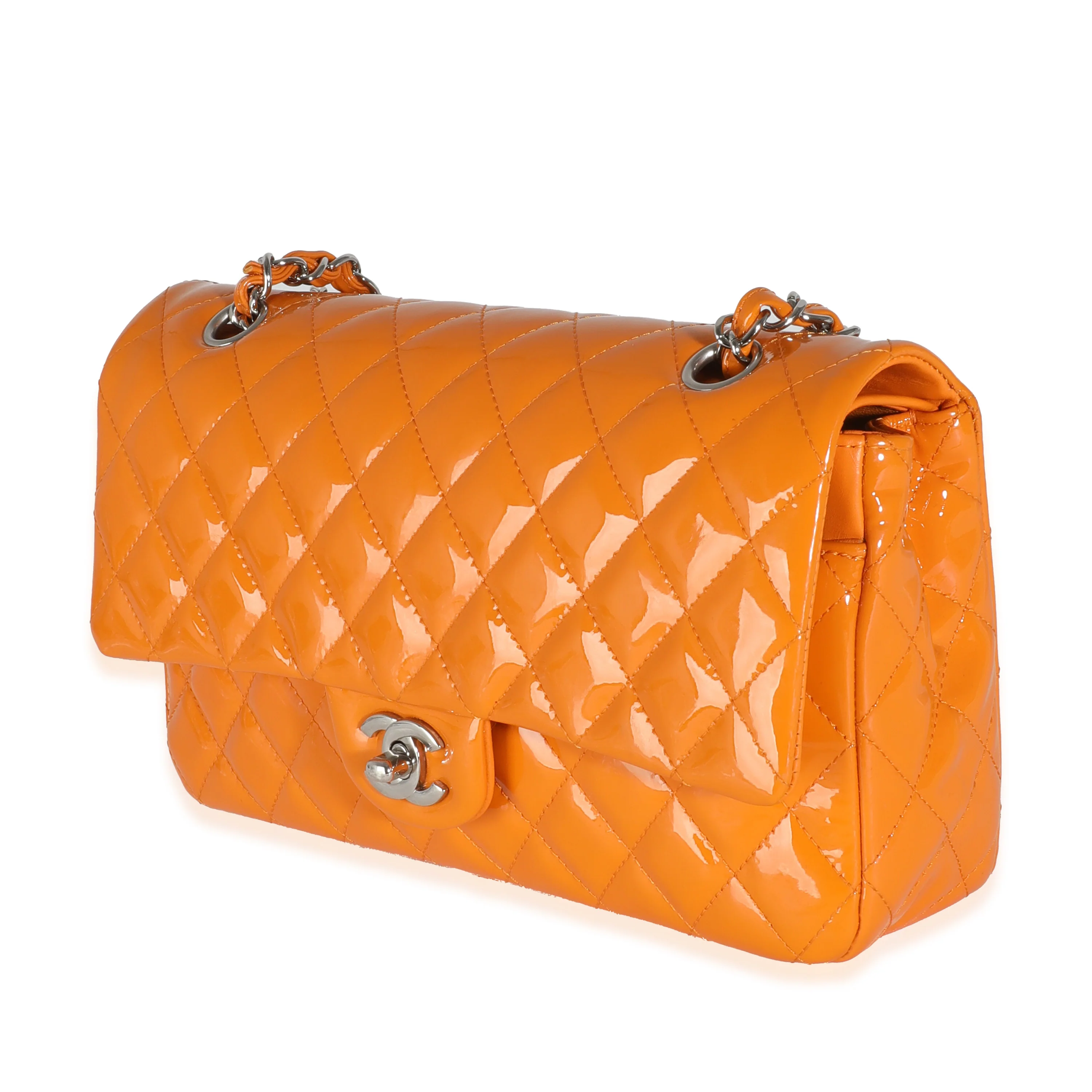 Orange Quilted Patent Medium Classic Double Flap Bag - Image 2