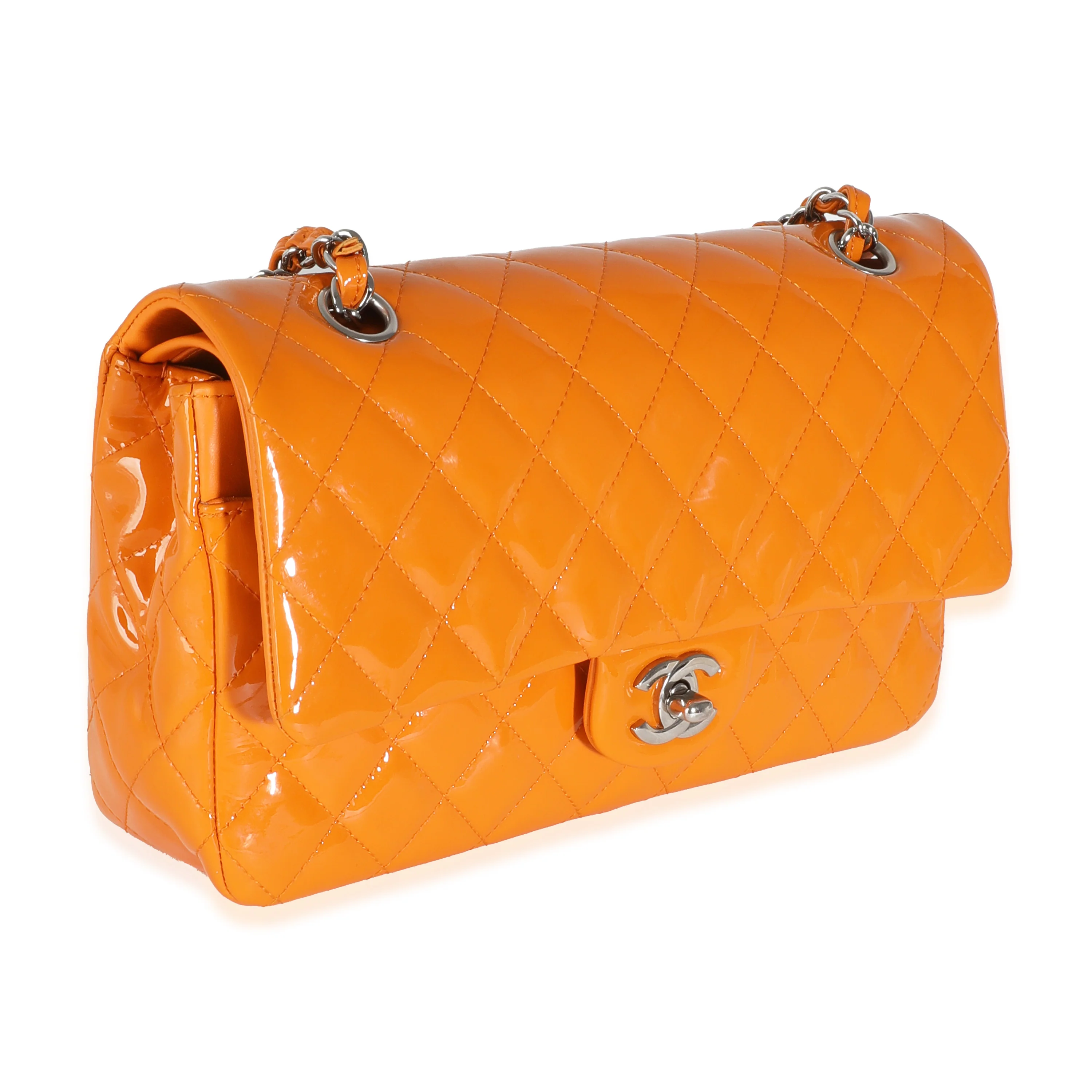 Orange Quilted Patent Medium Classic Double Flap Bag - Image 3