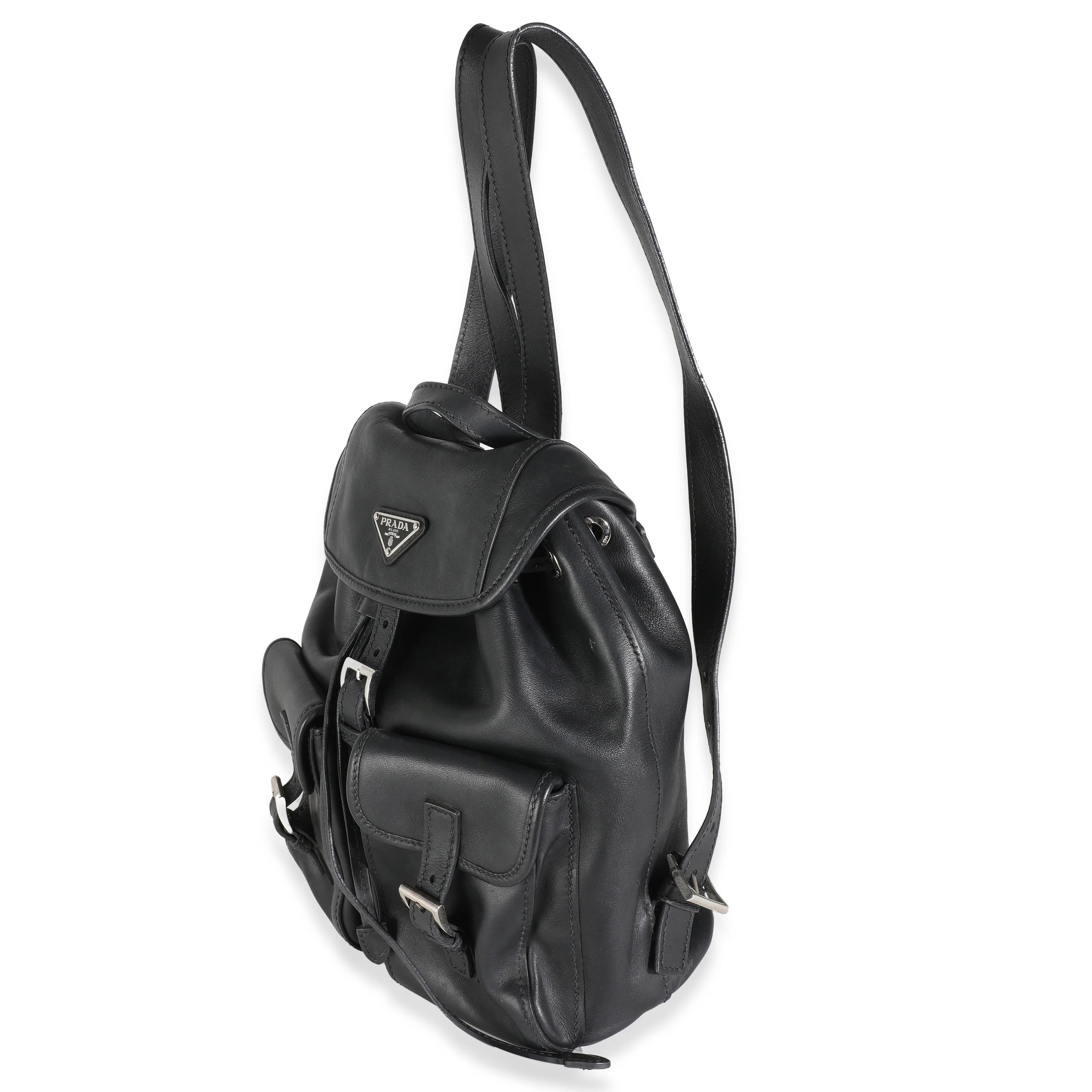 Black Leather Logo Double Pocket Drawstring Backpack - Image 2