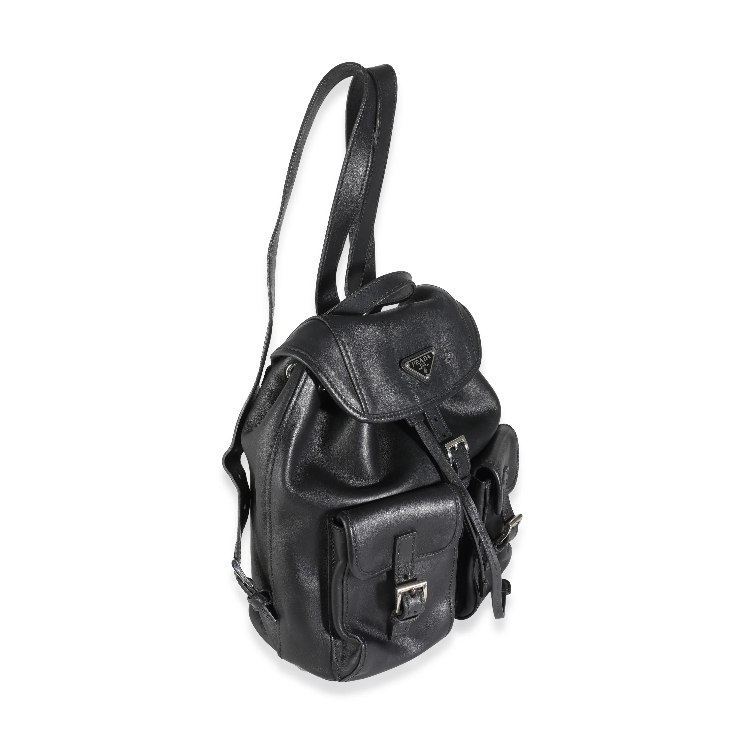 Black Leather Logo Double Pocket Drawstring Backpack - Image 3