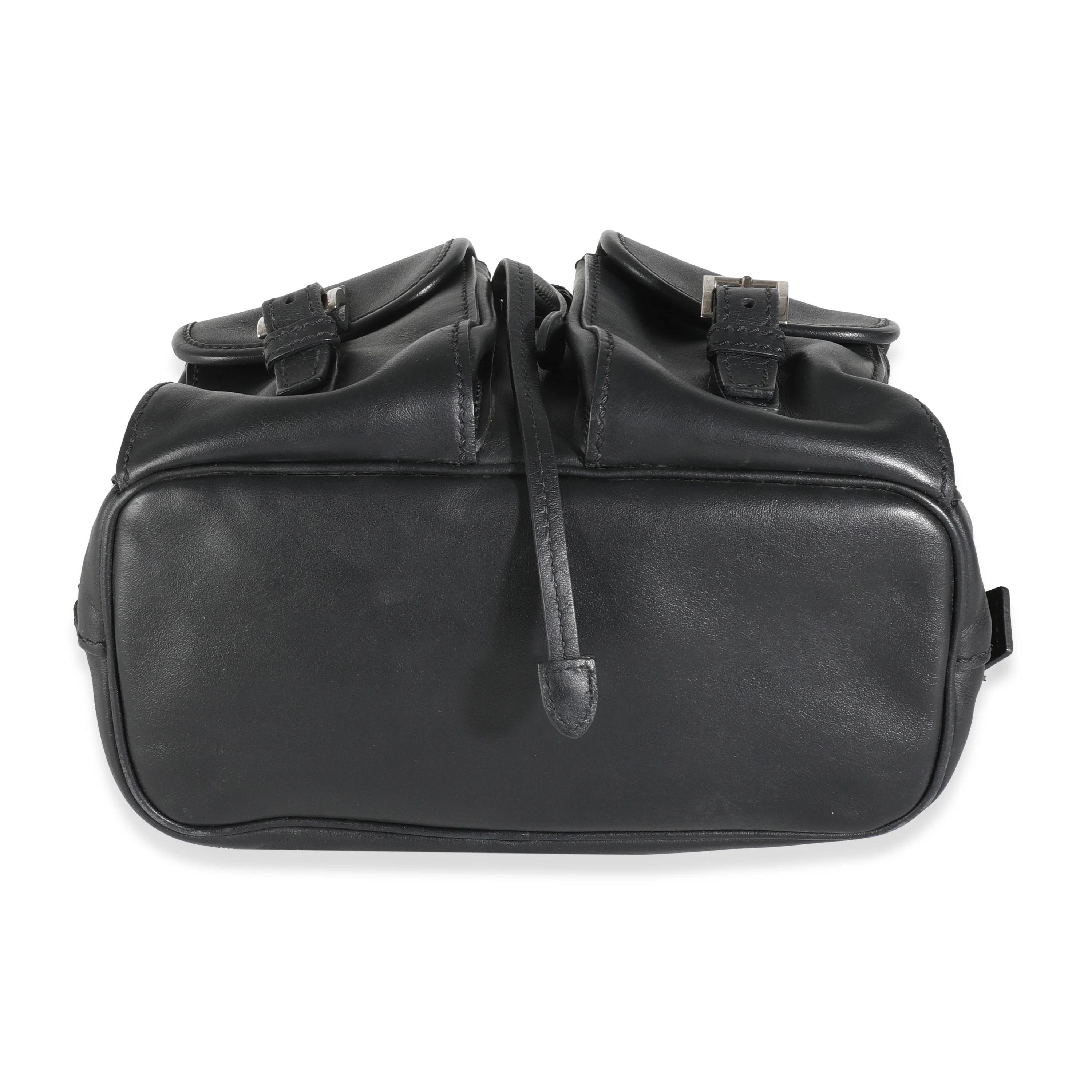 Black Leather Logo Double Pocket Drawstring Backpack - Image 5