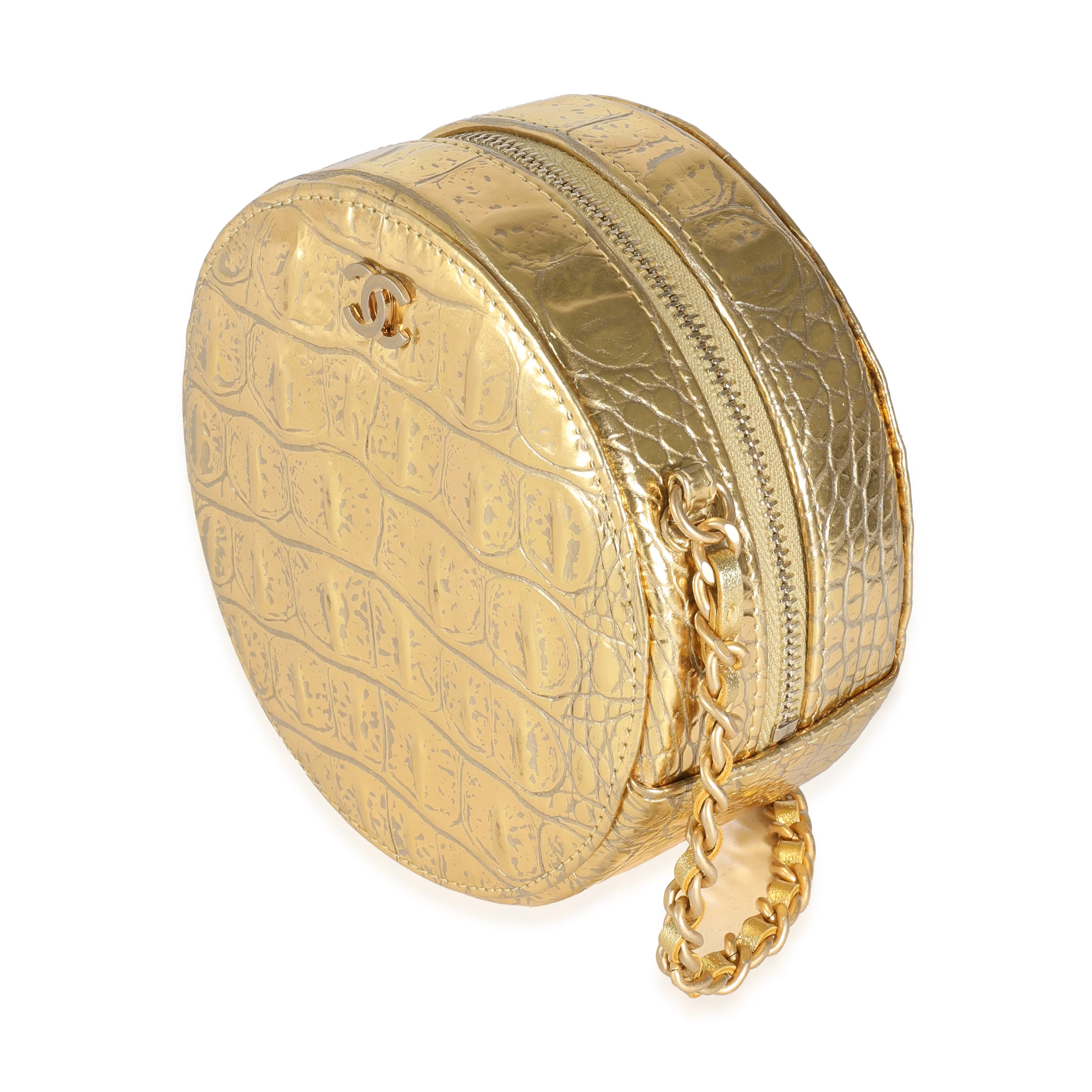 Metallic Gold Croc Embossed Calfskin Round Clutch On Chain - Image 2