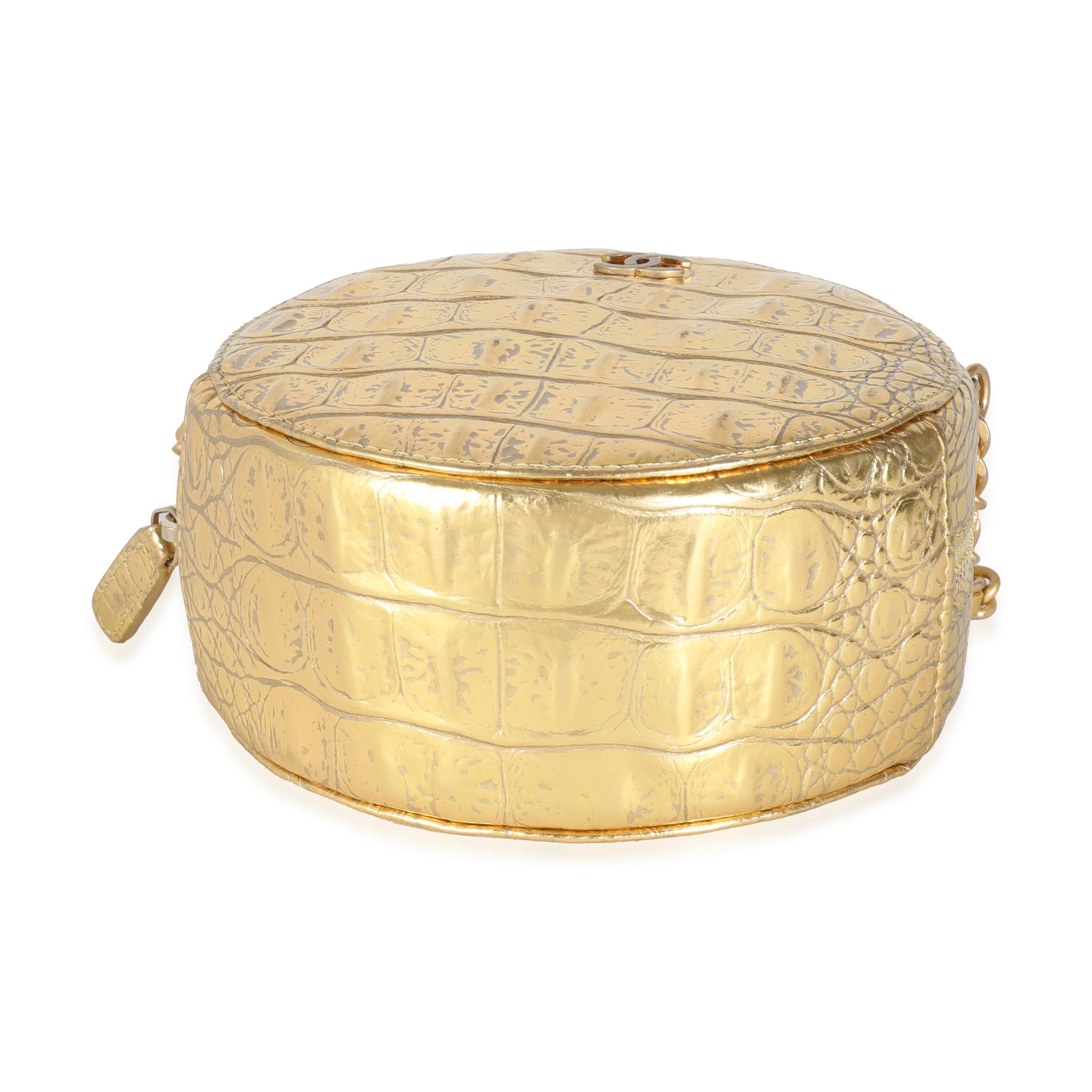Metallic Gold Croc Embossed Calfskin Round Clutch On Chain - Image 5