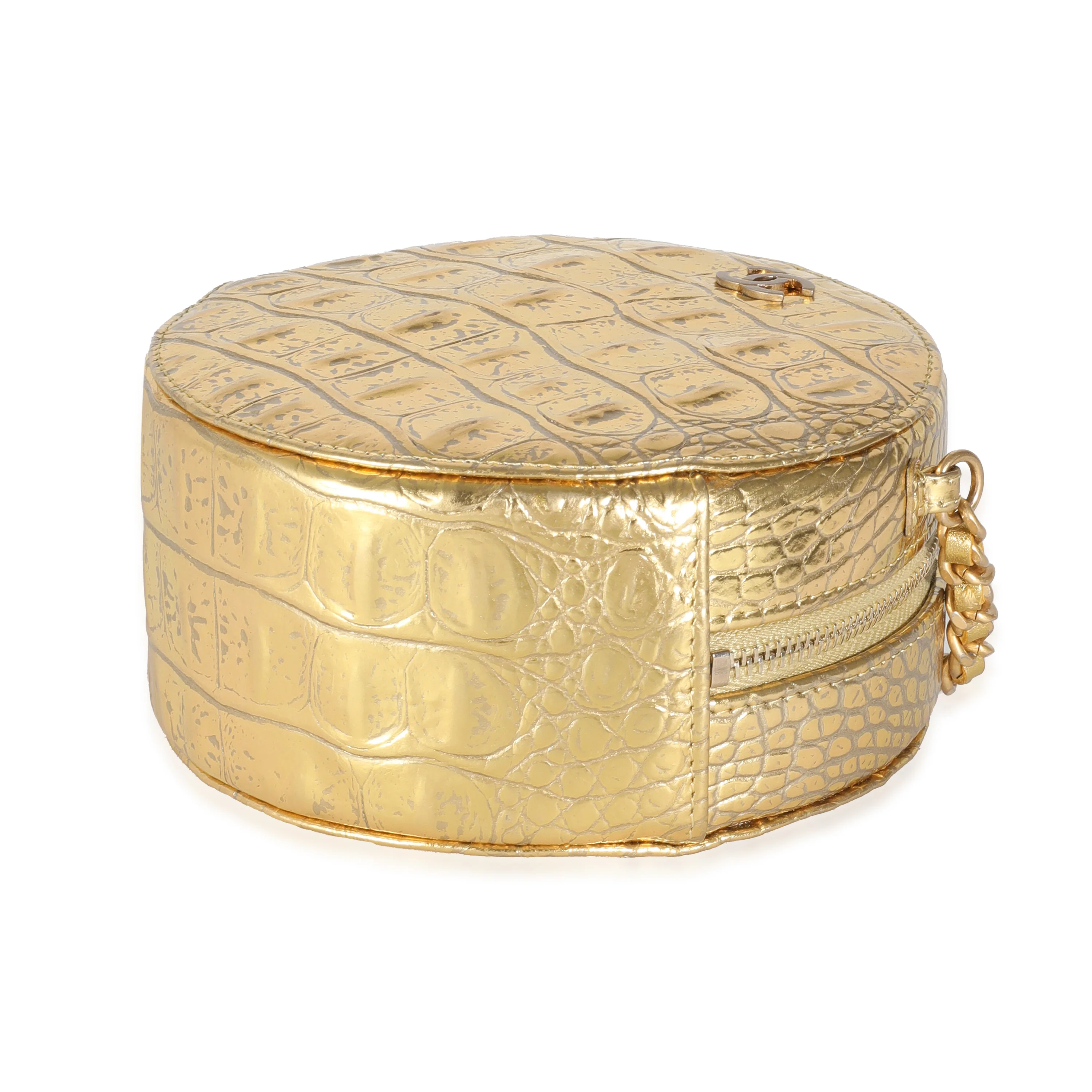 Metallic Gold Croc Embossed Calfskin Round Clutch On Chain - Image 7