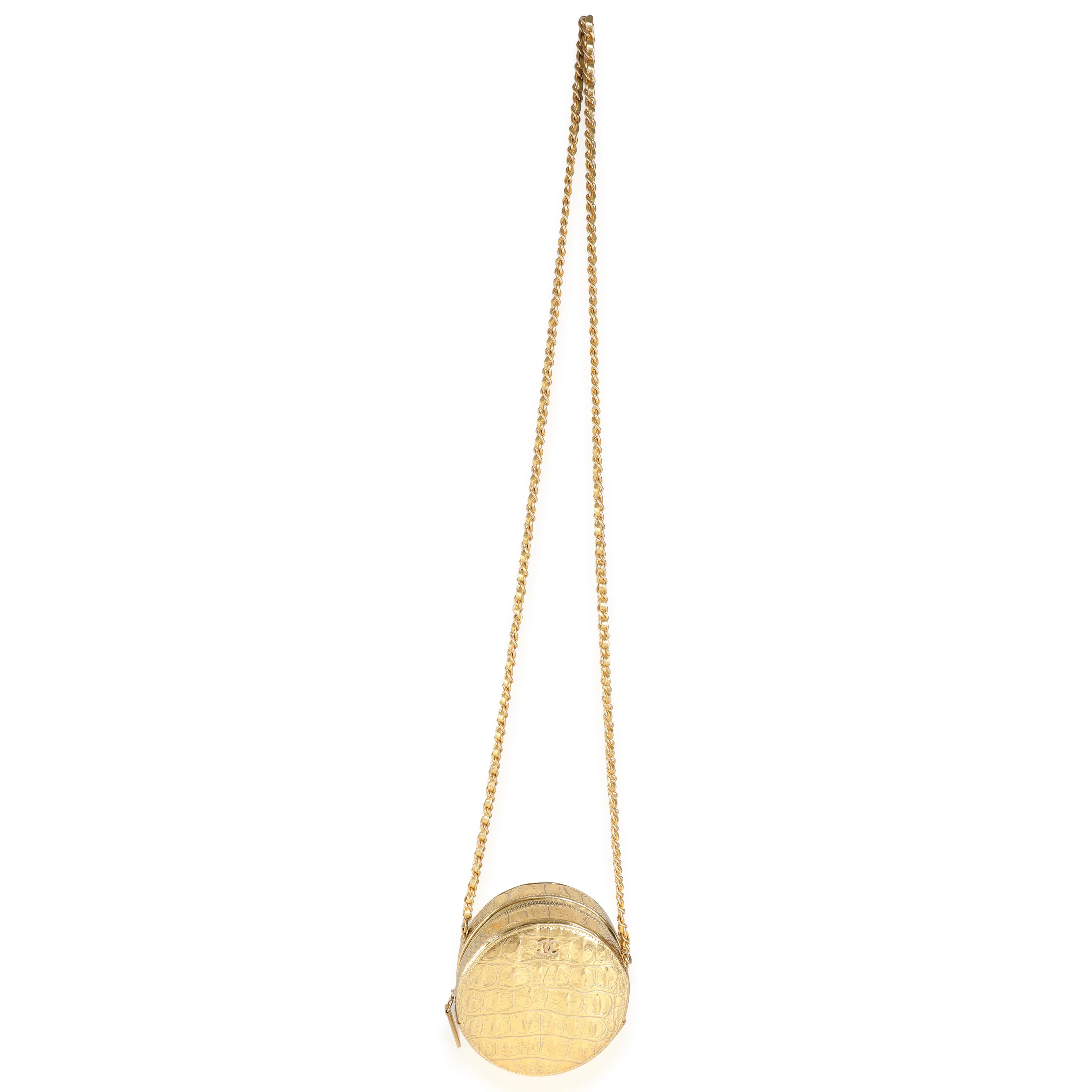 Metallic Gold Croc Embossed Calfskin Round Clutch On Chain - Image 8