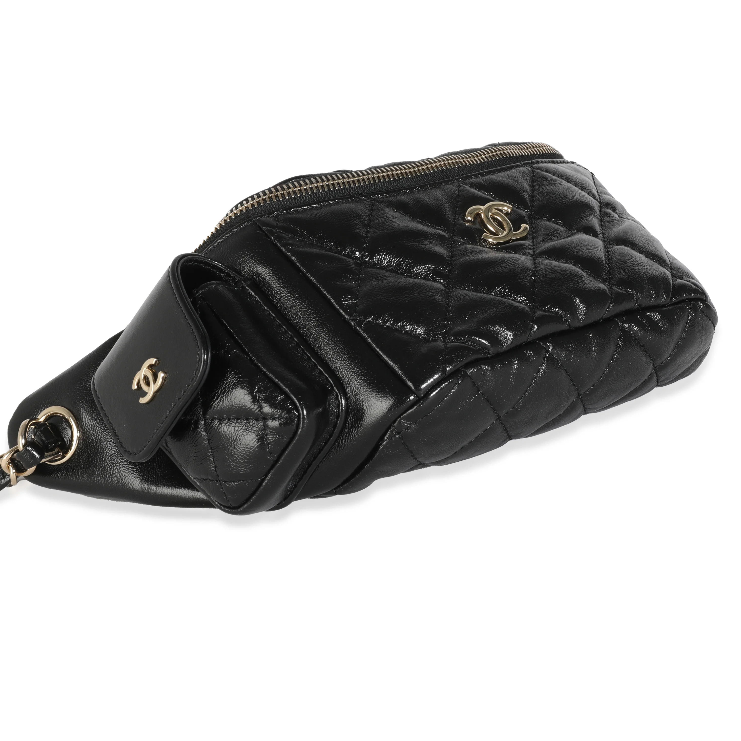 Black Shiny Quilted Aged Calfskin Utility Belt Bag - Image 6