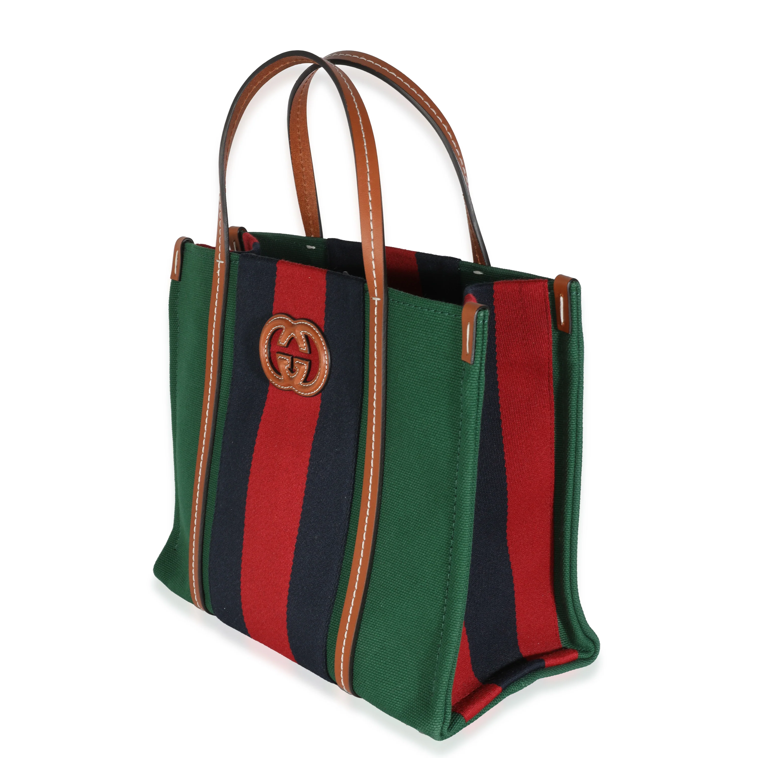 Brown Calfskin Green Red Canvas Web Small Interlocking G Tote - Image 2