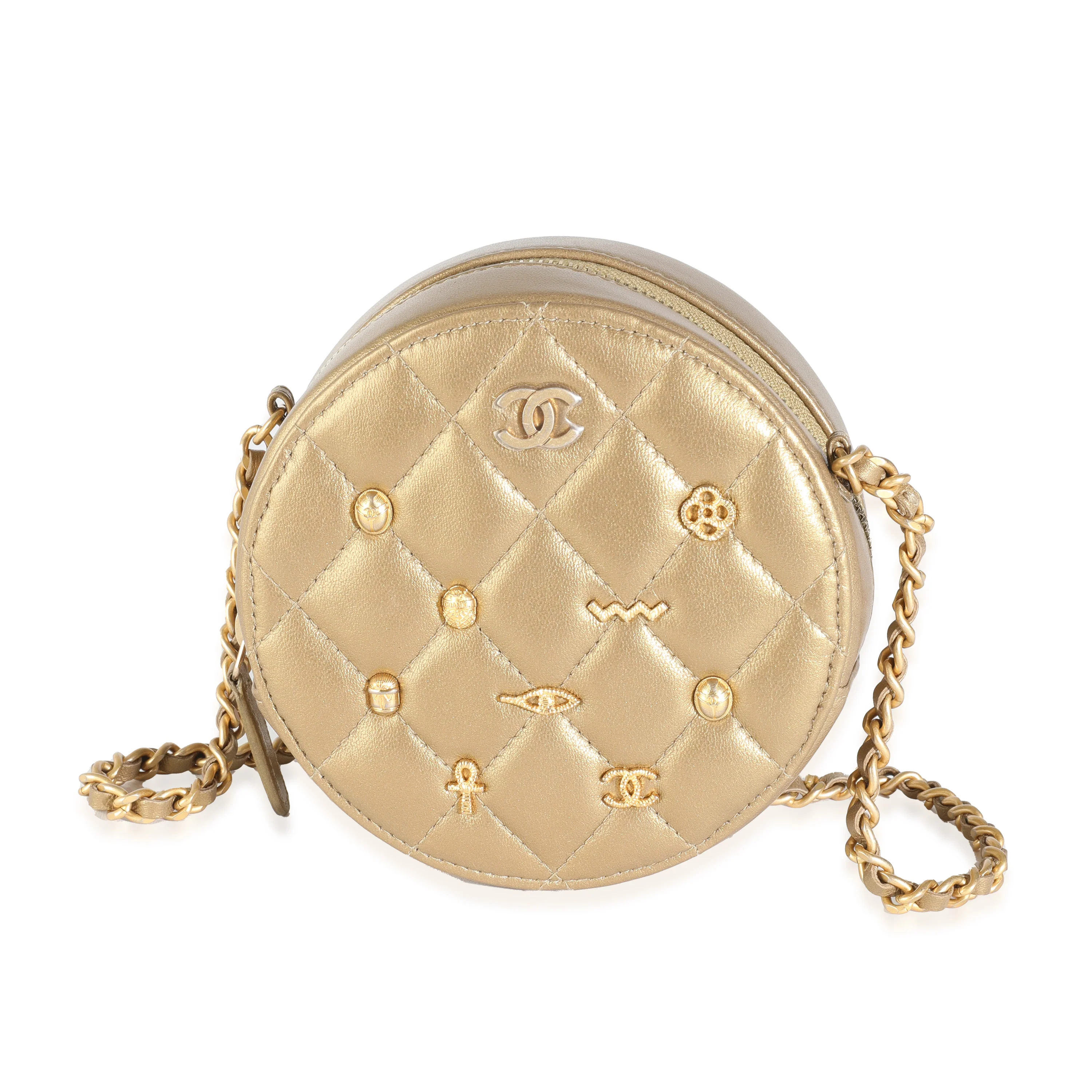 Gold Metallic Lambskin Round Amulet Round Clutch With Chain