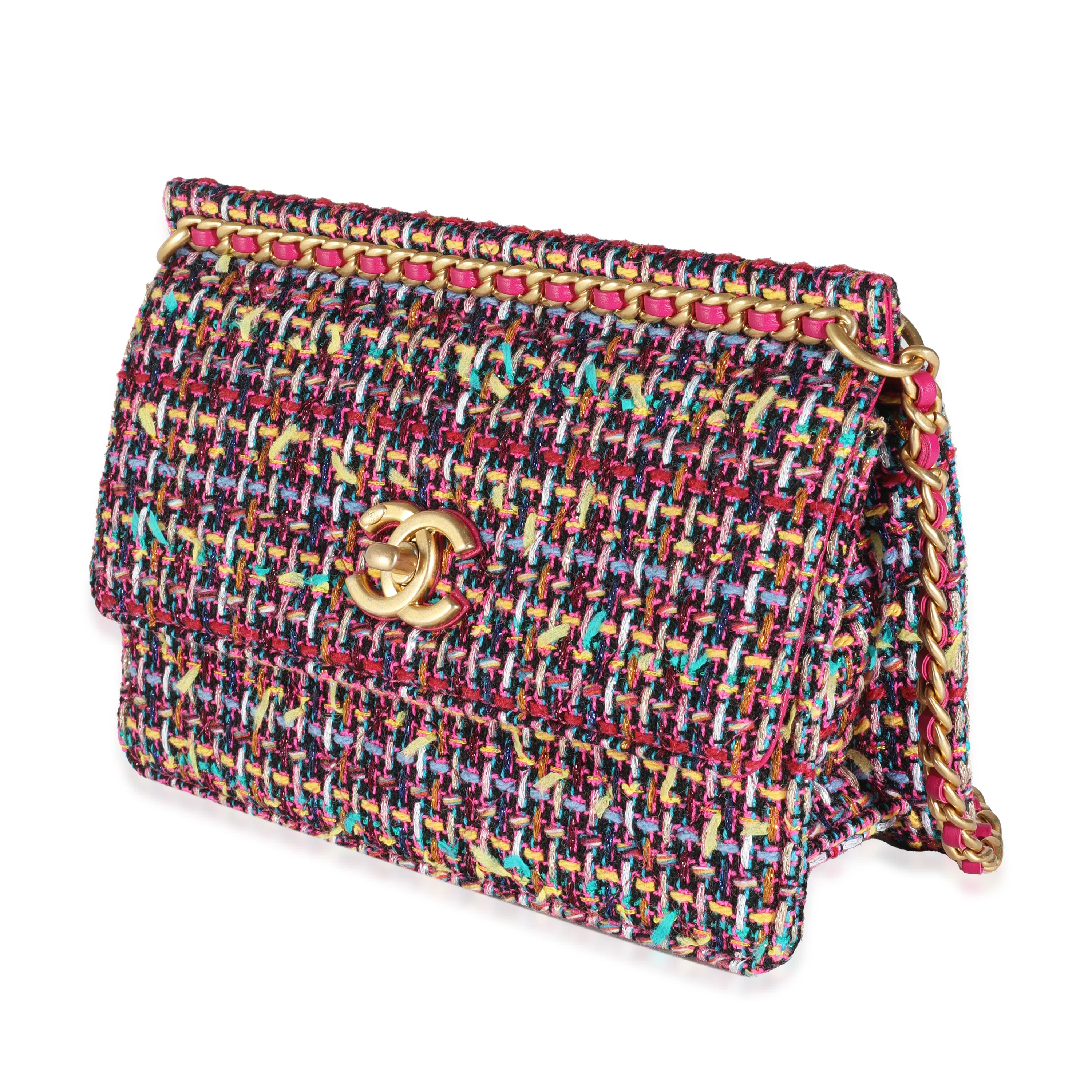 Pink Metallic Multicolor Tweed Chain Top Flap Bag - Image 2