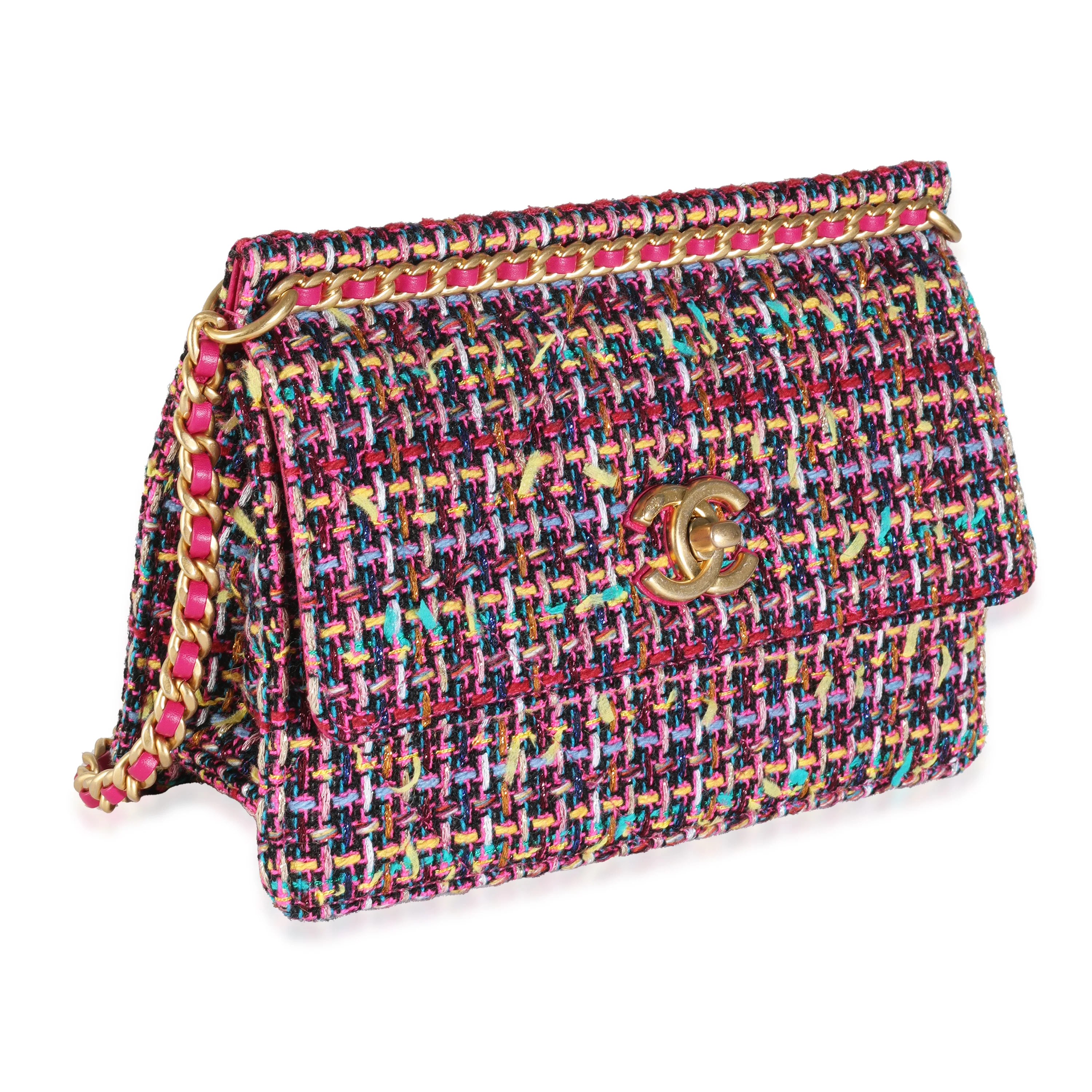Pink Metallic Multicolor Tweed Chain Top Flap Bag - Image 3
