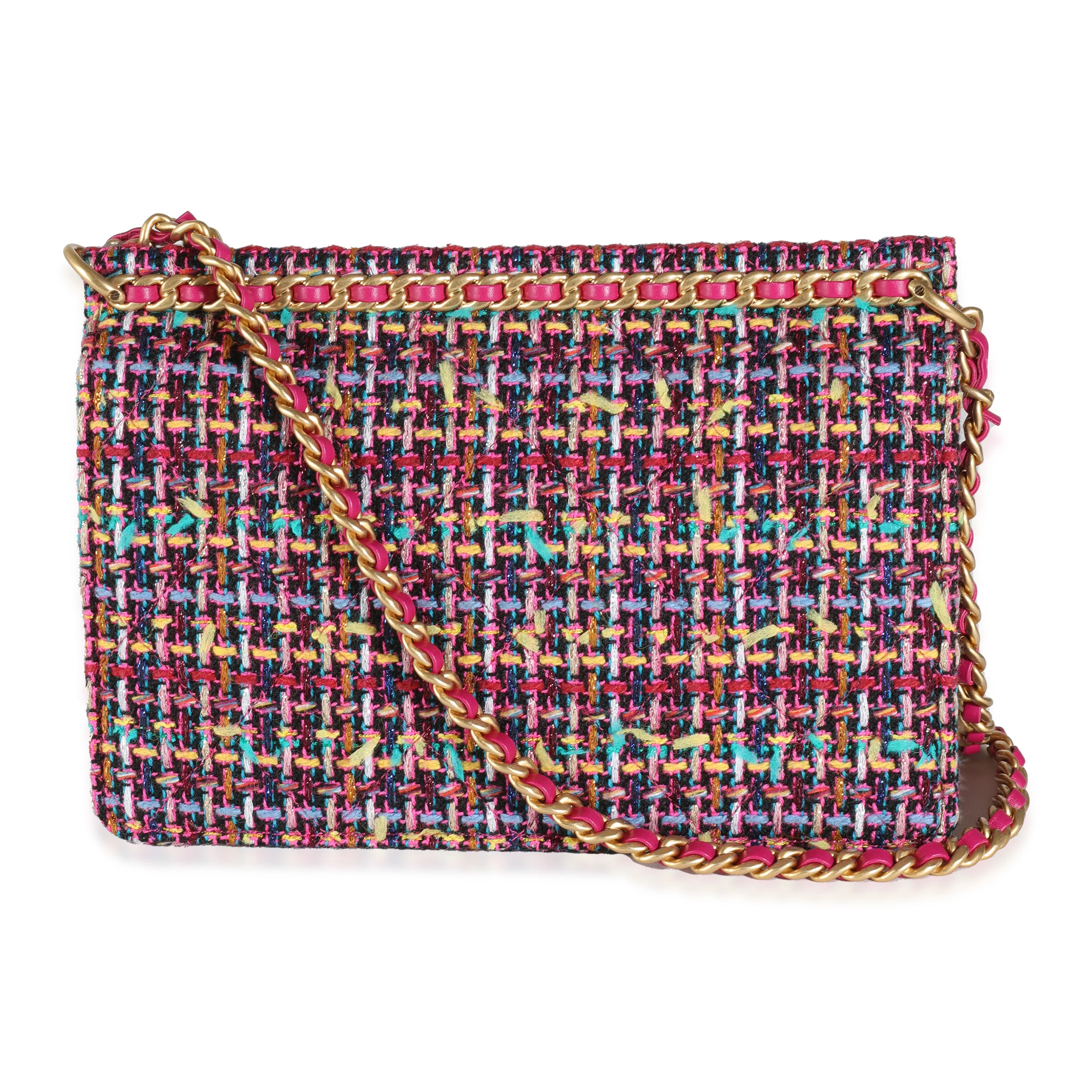 Pink Metallic Multicolor Tweed Chain Top Flap Bag - Image 4