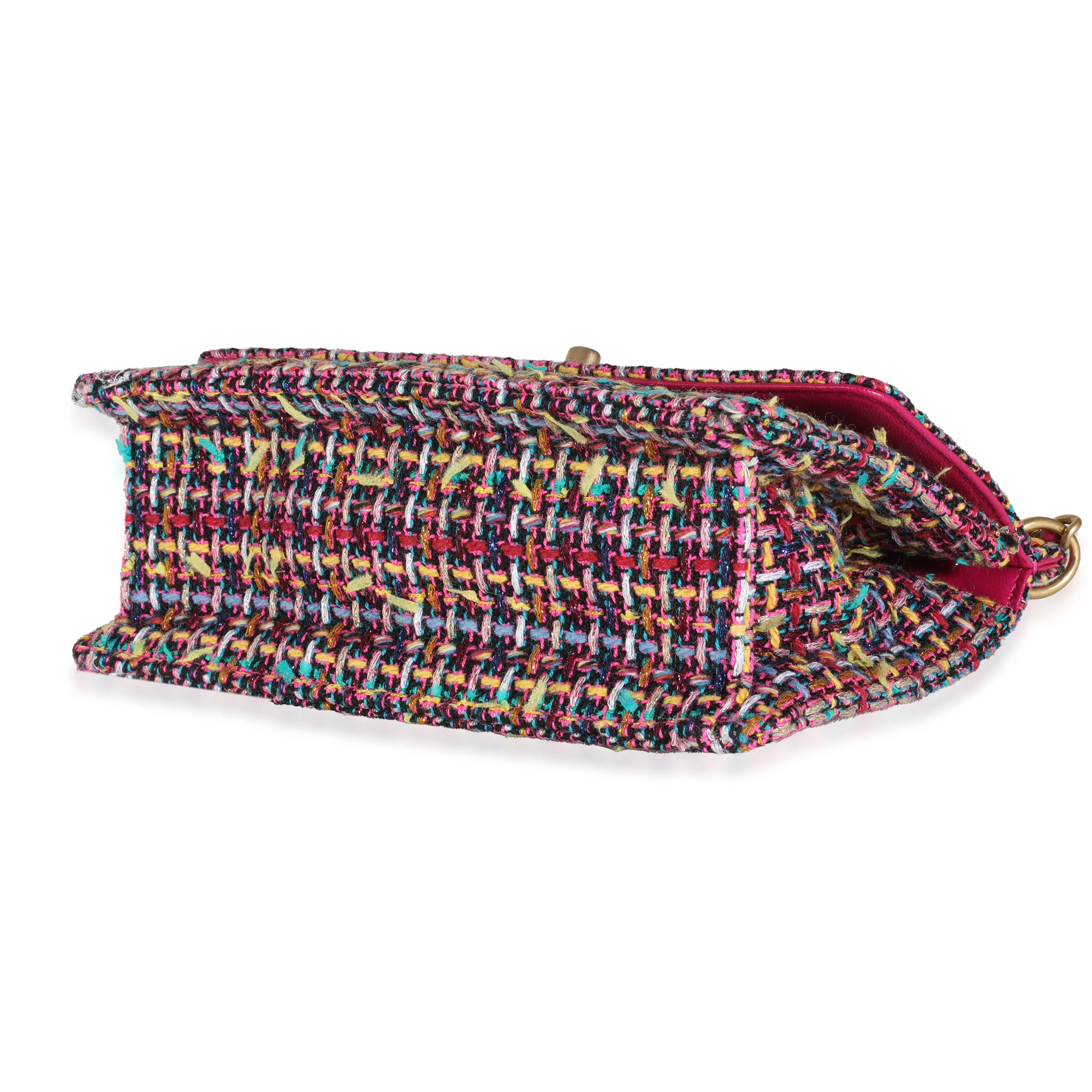 Pink Metallic Multicolor Tweed Chain Top Flap Bag - Image 7