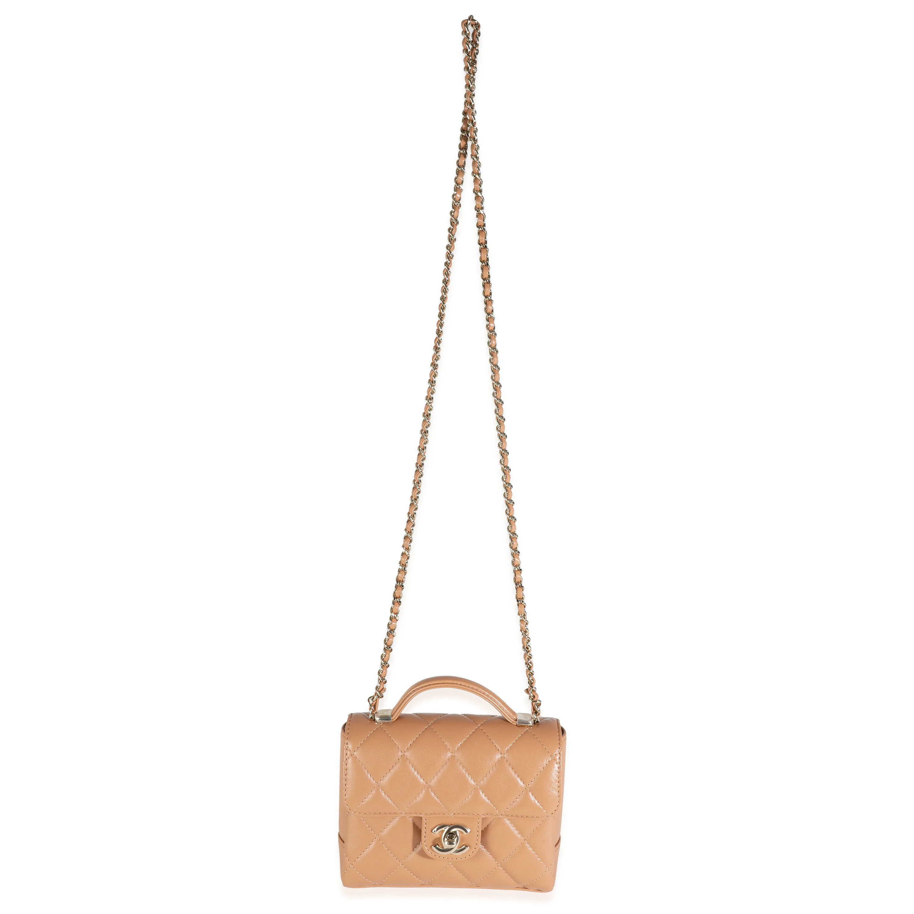 Dark Beige Quilted Lambskin Mini Flap With Top Handle - Image 8