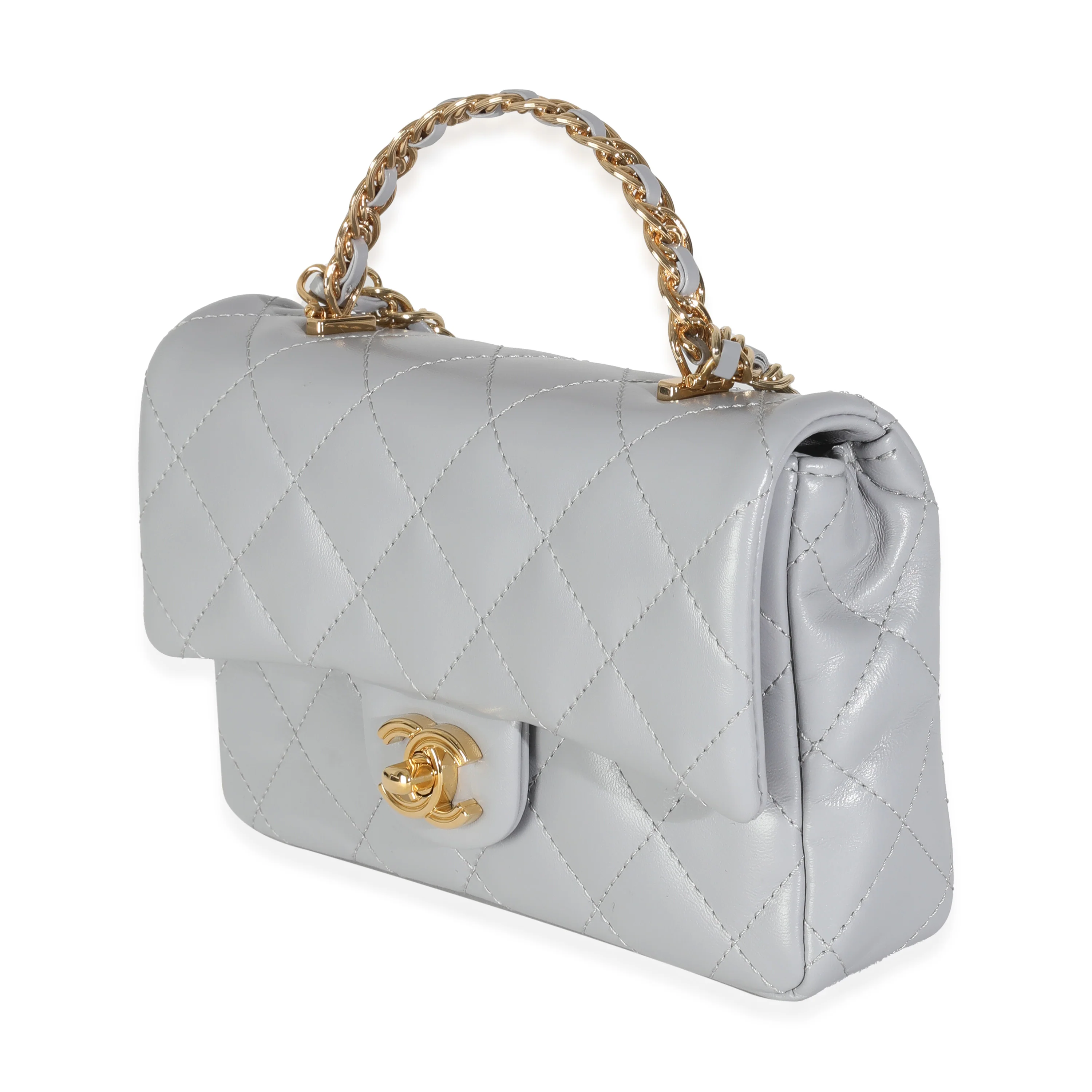 23B Grey Quilted Shiny Lambskin Mini CC Top Handle Flap Bag - Image 2