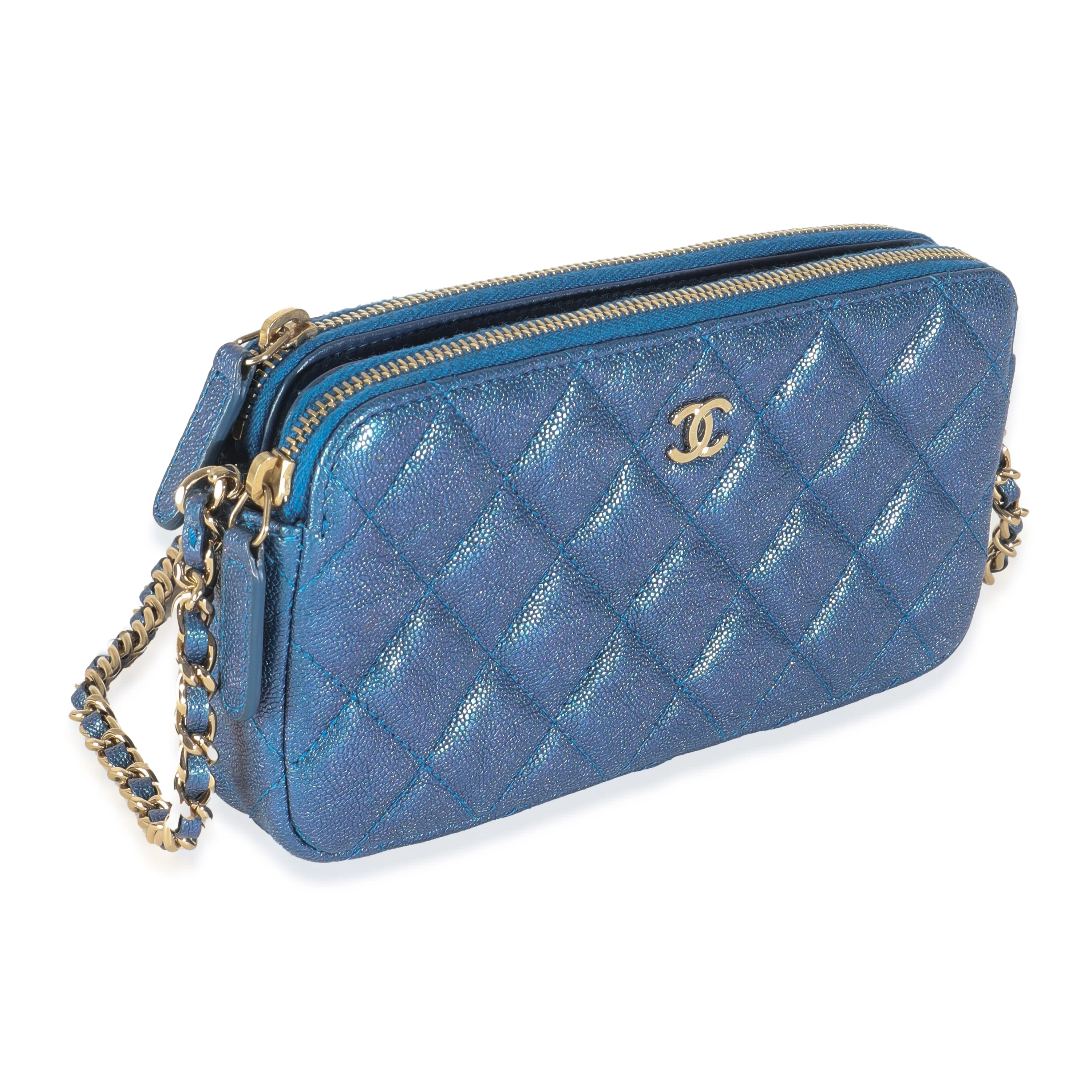 Blue Iridescent Quilted Caviar Small Clutch With Chain Handbag - Image 3