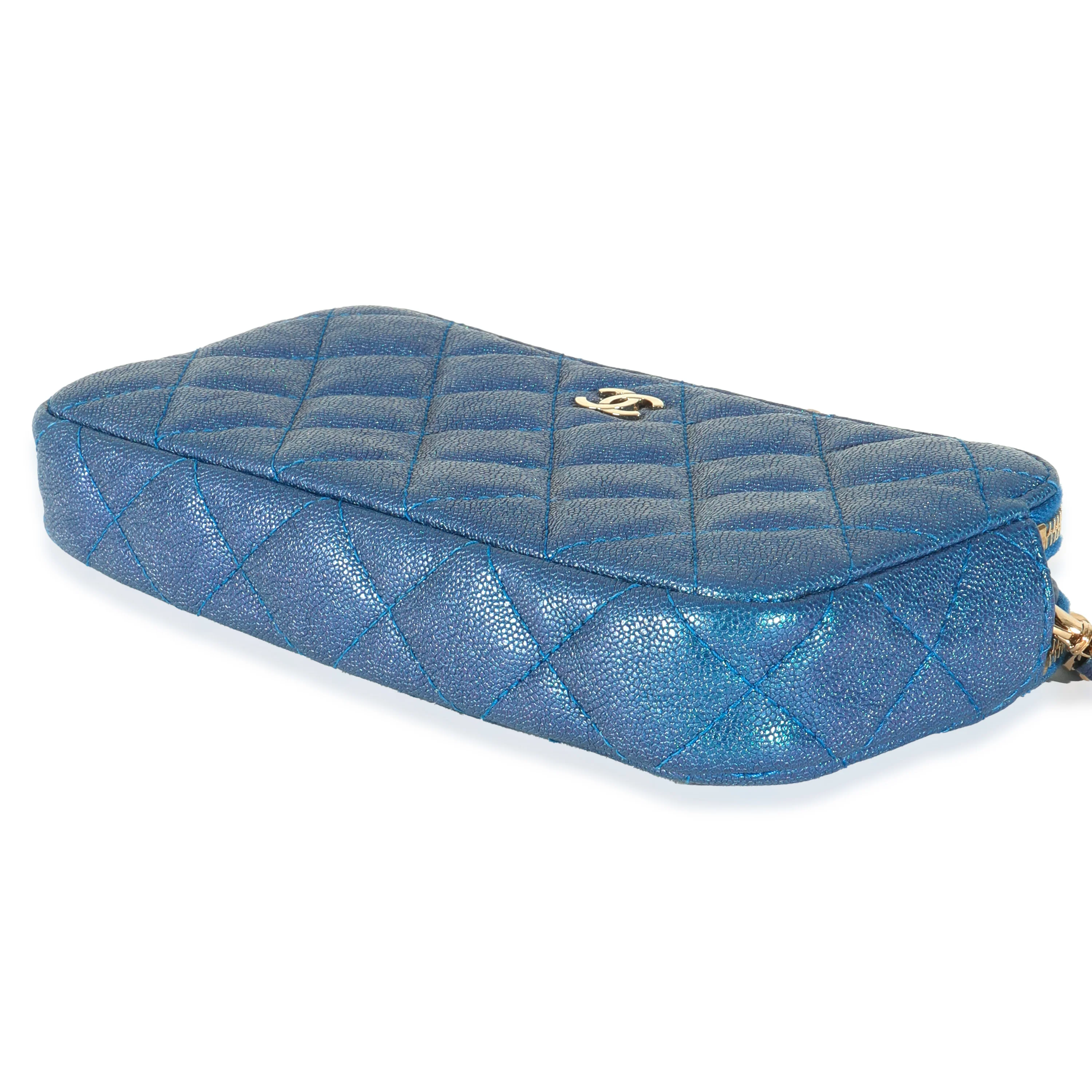 Blue Iridescent Quilted Caviar Small Clutch With Chain Handbag - Image 7