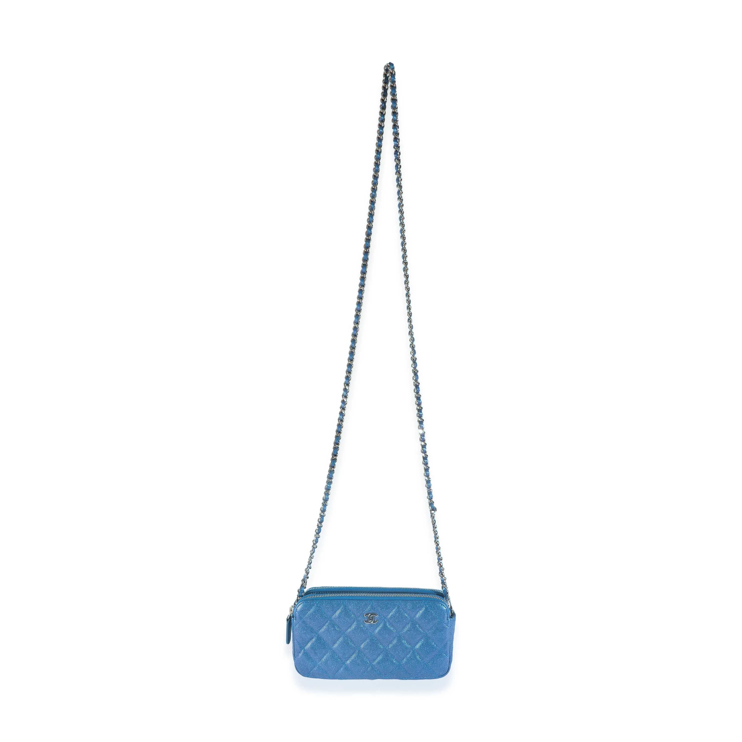 Blue Iridescent Quilted Caviar Small Clutch With Chain Handbag - Image 8