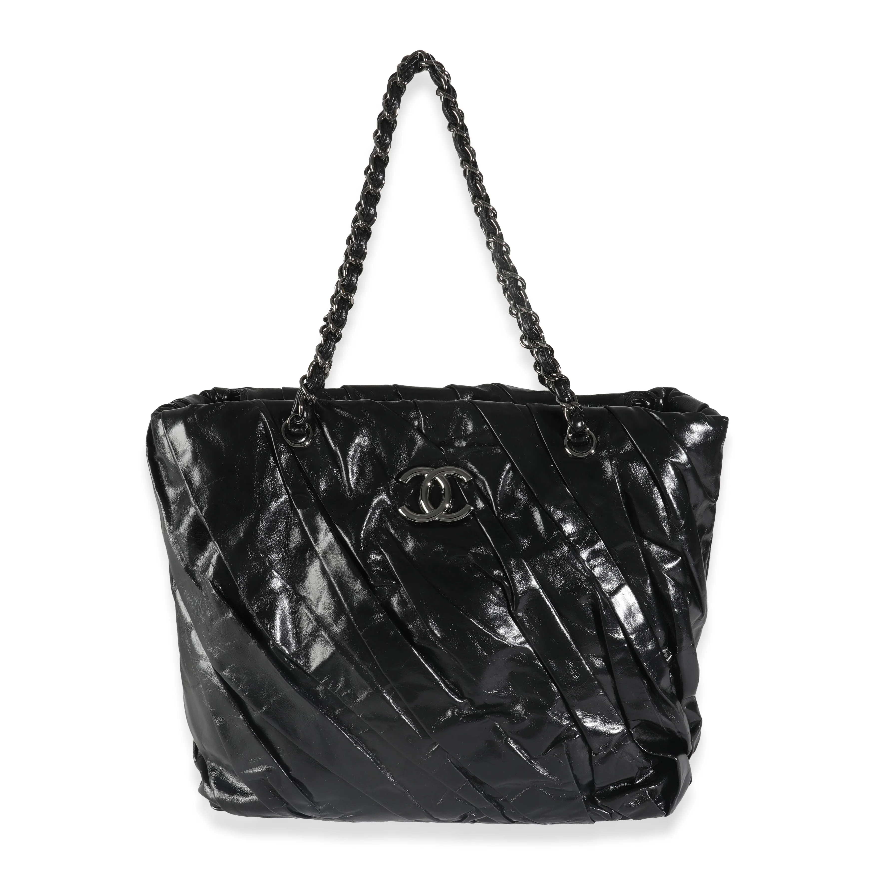 Black Glazed Calfskin Large Twisted Tote