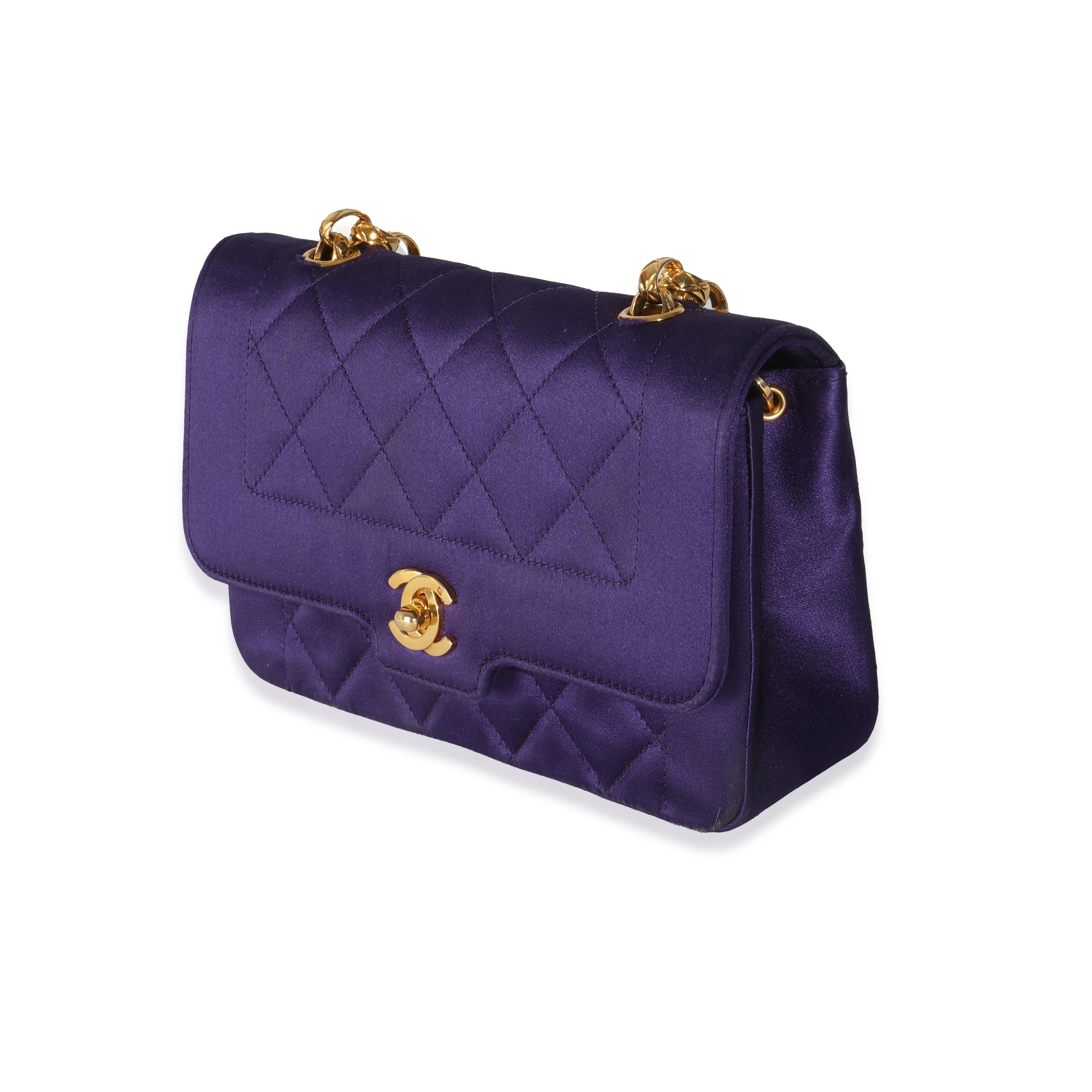 Vintage Purple Quilted Satin Mini Diana Bijoux Chain Flap Bag - Image 2