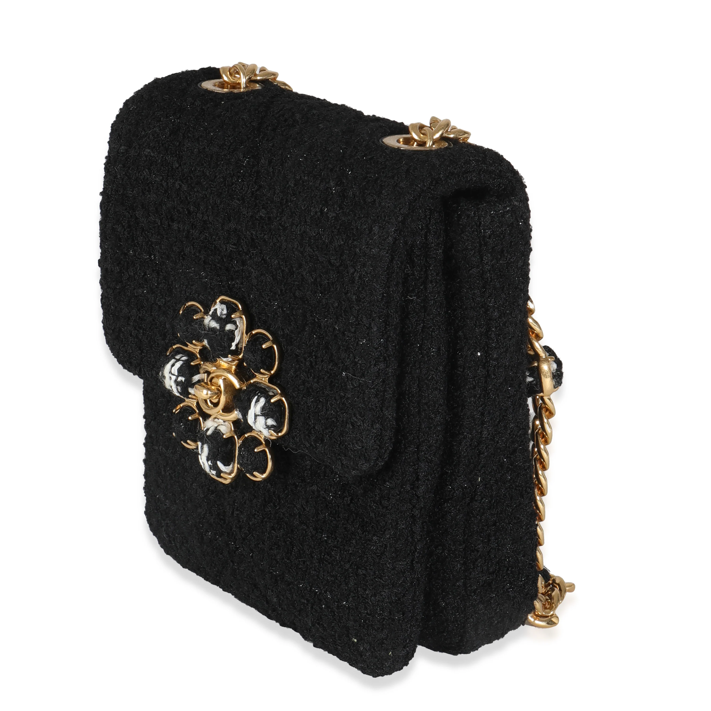 Black Wool Tweed Camellia Flower Mini Flap Bag - Image 2