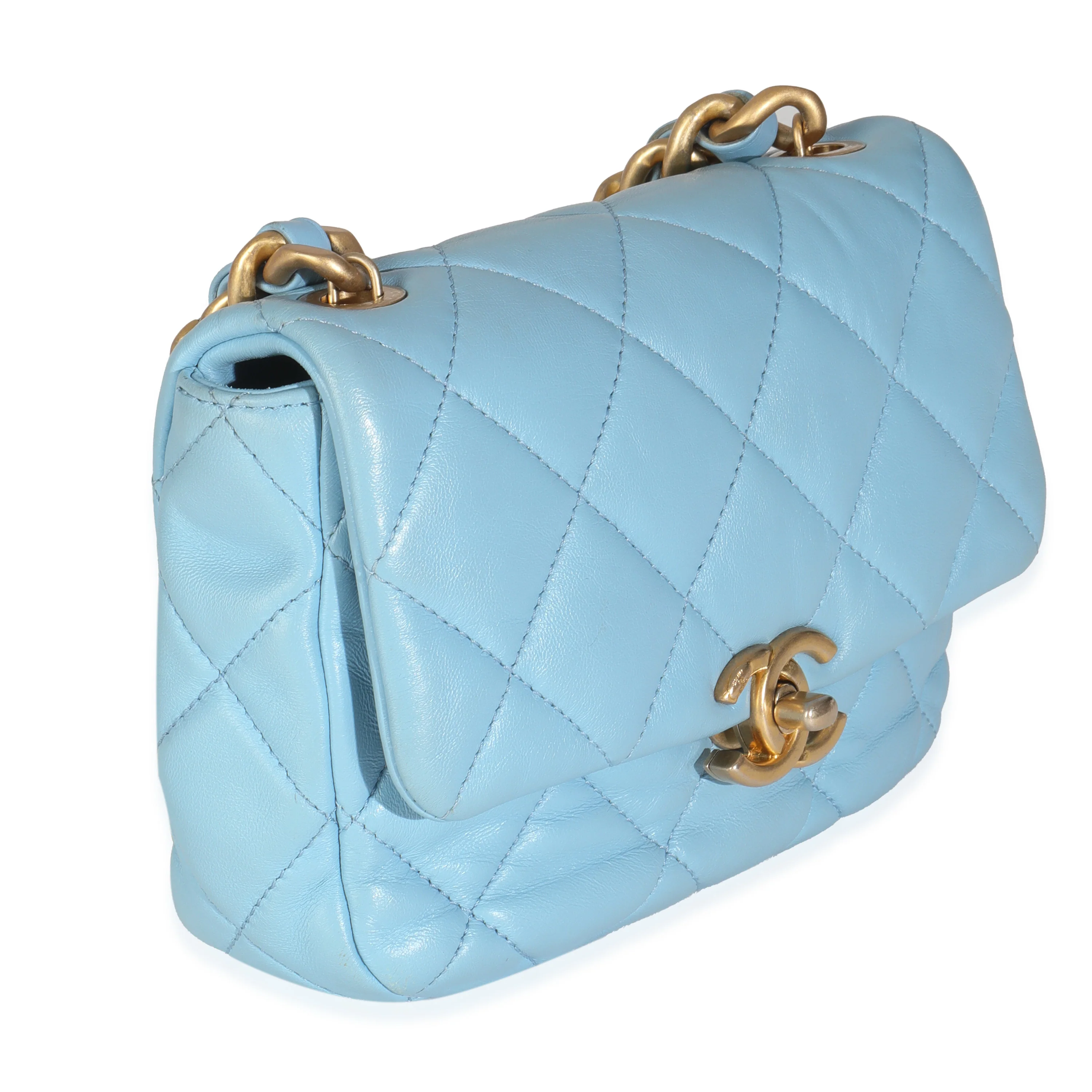 Light Blue Quilted Lambskin Mini Lacquered Chain Flap Bag - Image 3